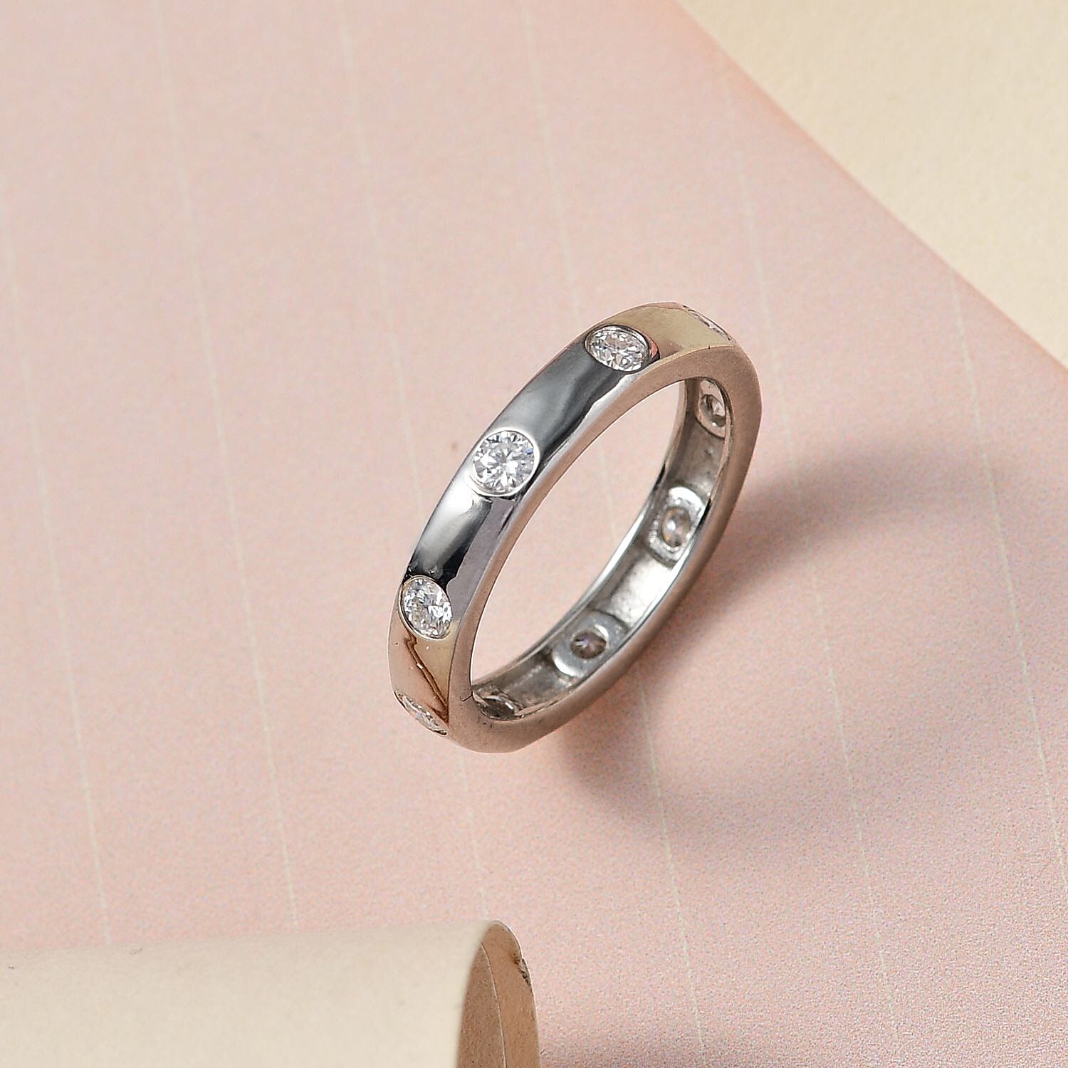 Moissanite Flush Set Band Ring in Platinum Overlay Sterling Silver