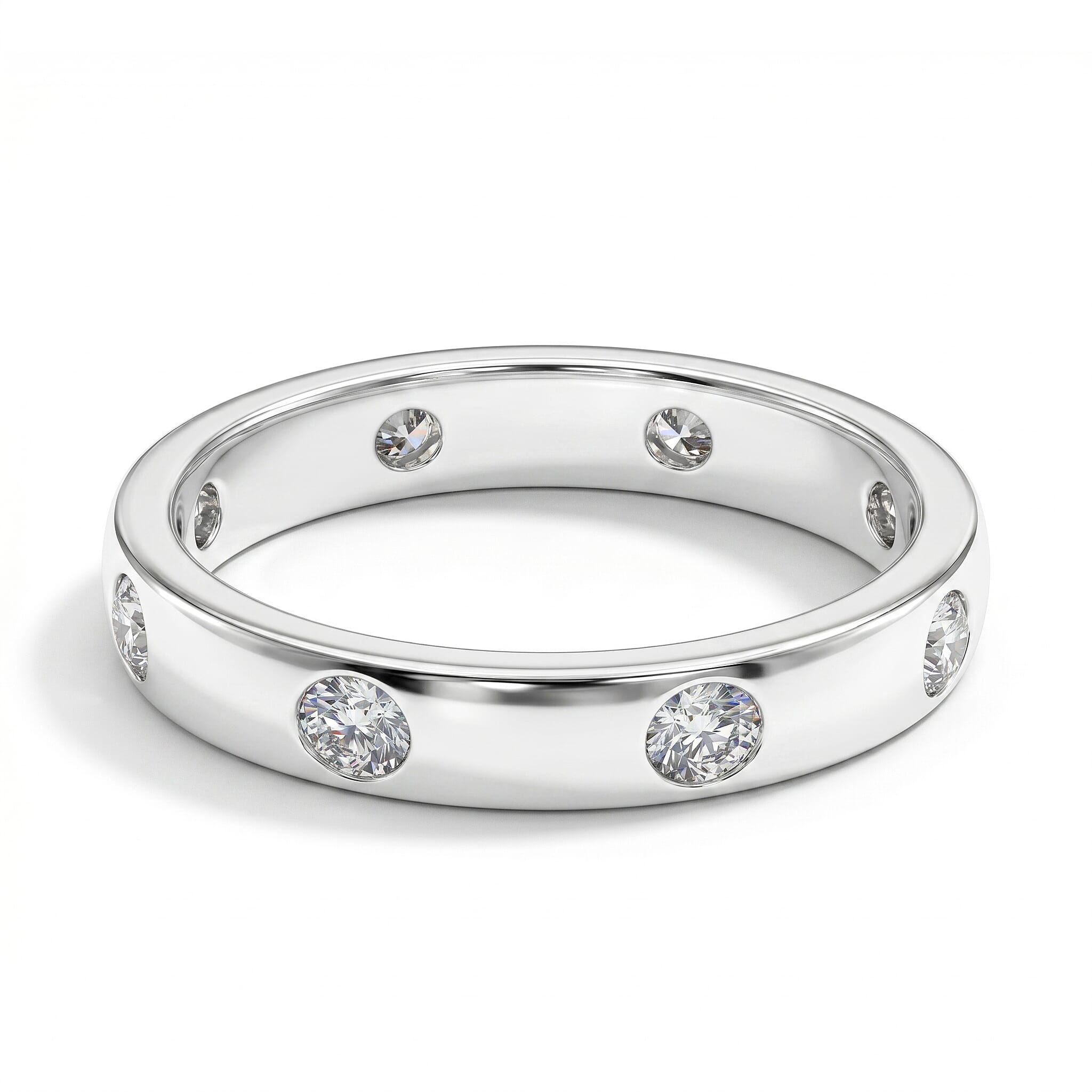 Moissanite Flush Set Band Ring in Platinum Overlay Sterling Silver