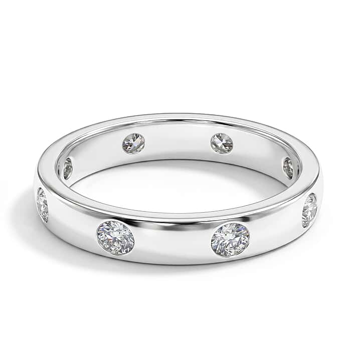 Moissanite Flush Set Band Ring in Platinum Overlay Sterling Silver