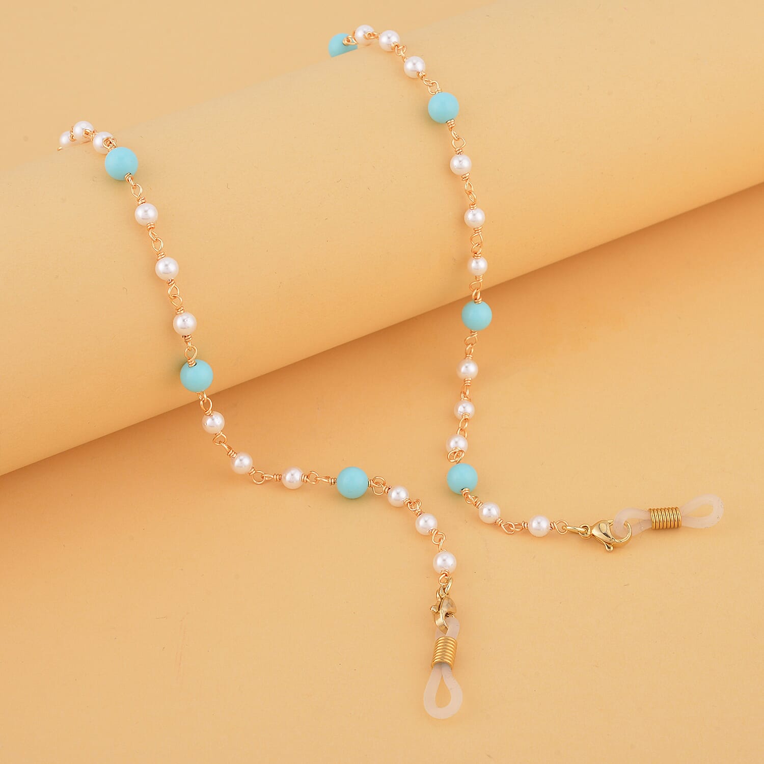 Shell Pearl and Blue Howlite Glasses Chain (Size - 28) in Yellow Gold Tone