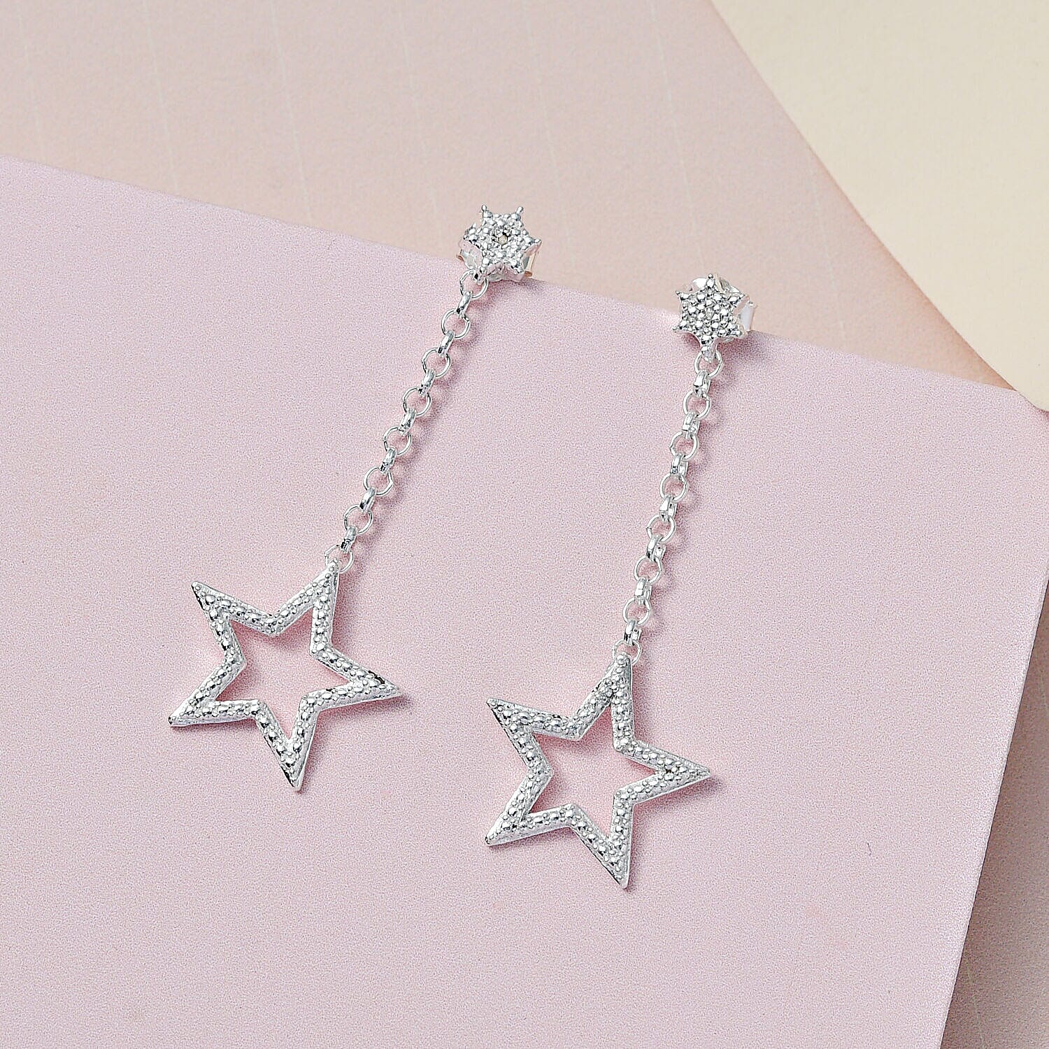 Diamond Stud Shooting Star Dangle Earrings in Sterling Silver