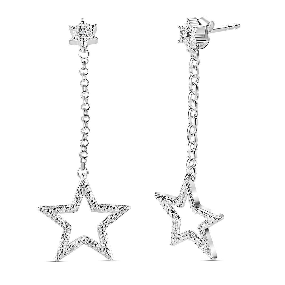 Diamond Stud Shooting Star Dangle Earrings in Sterling Silver