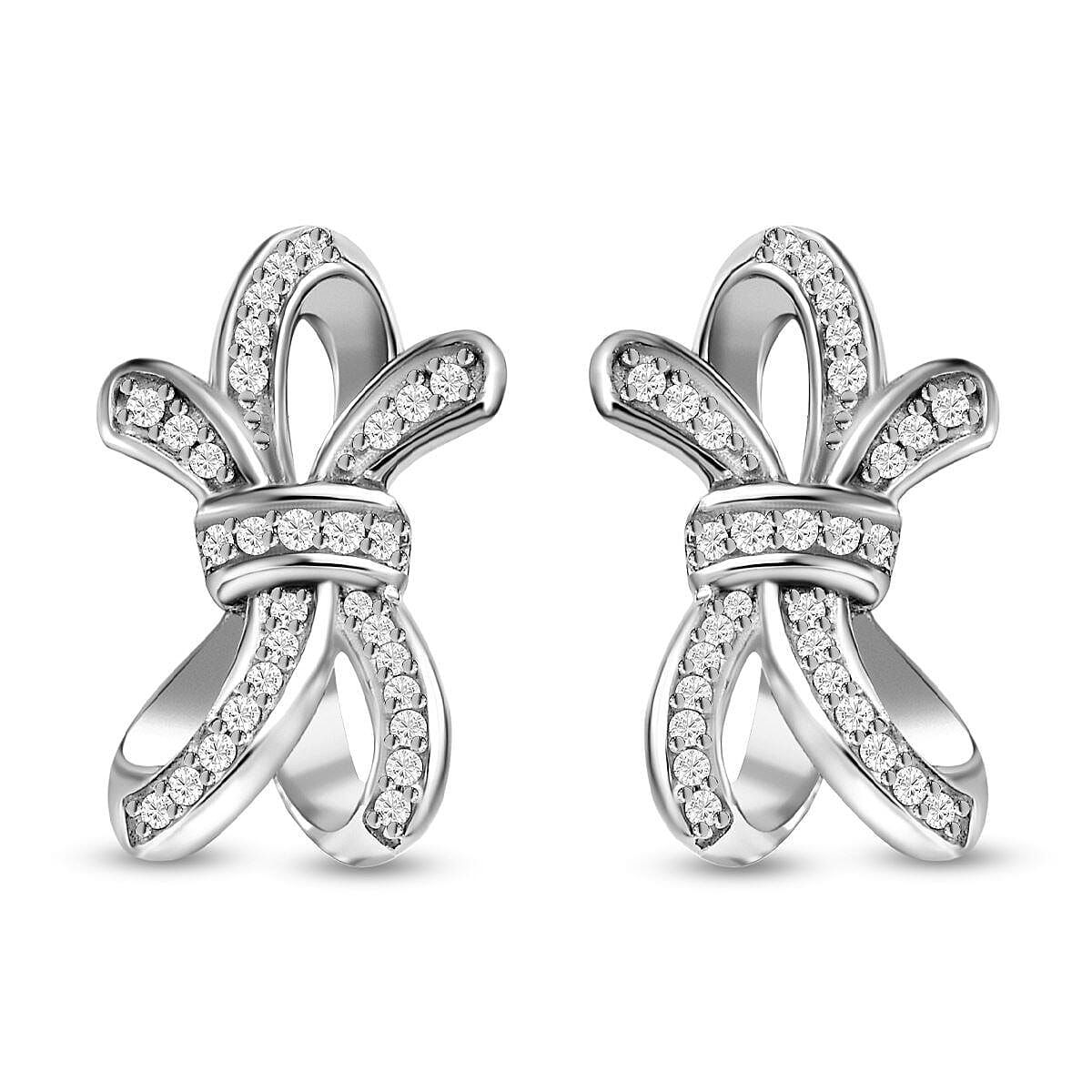 GP Ribbon Collection - Diamond Bow Earrings in Platinum Overlay Sterling Silver 0.40 Ct