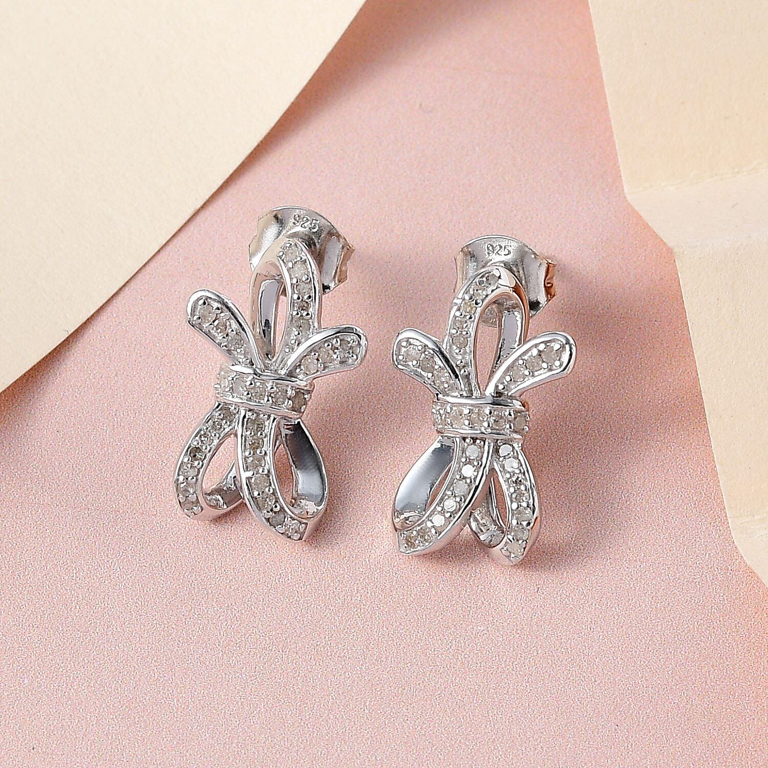 GP Ribbon Collection - Diamond Bow Earrings in Platinum Overlay Sterling Silver 0.40 Ct