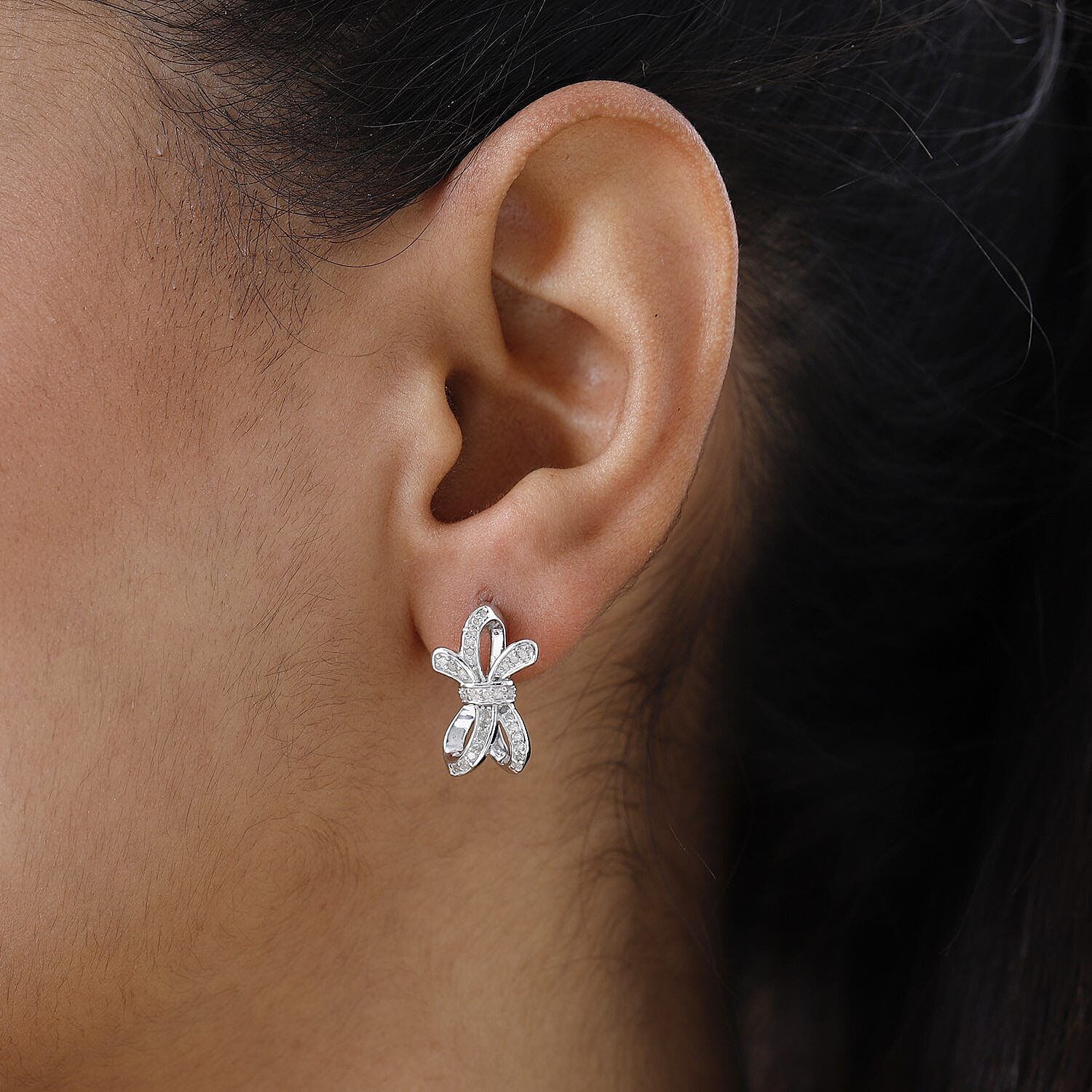 GP Ribbon Collection - Diamond Bow Earrings in Platinum Overlay Sterling Silver 0.40 Ct