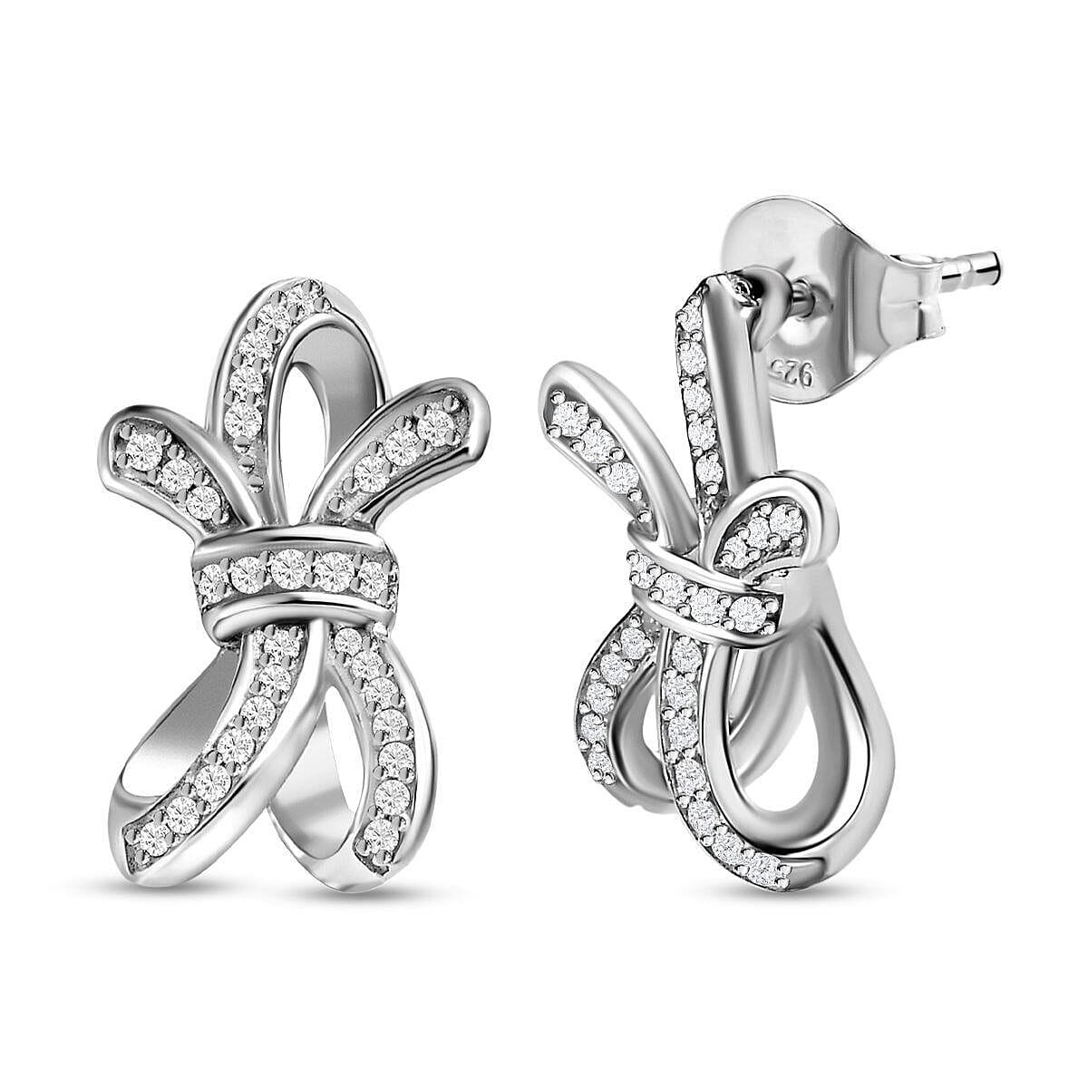 GP Ribbon Collection - Diamond Bow Earrings in Platinum Overlay Sterling Silver 0.40 Ct