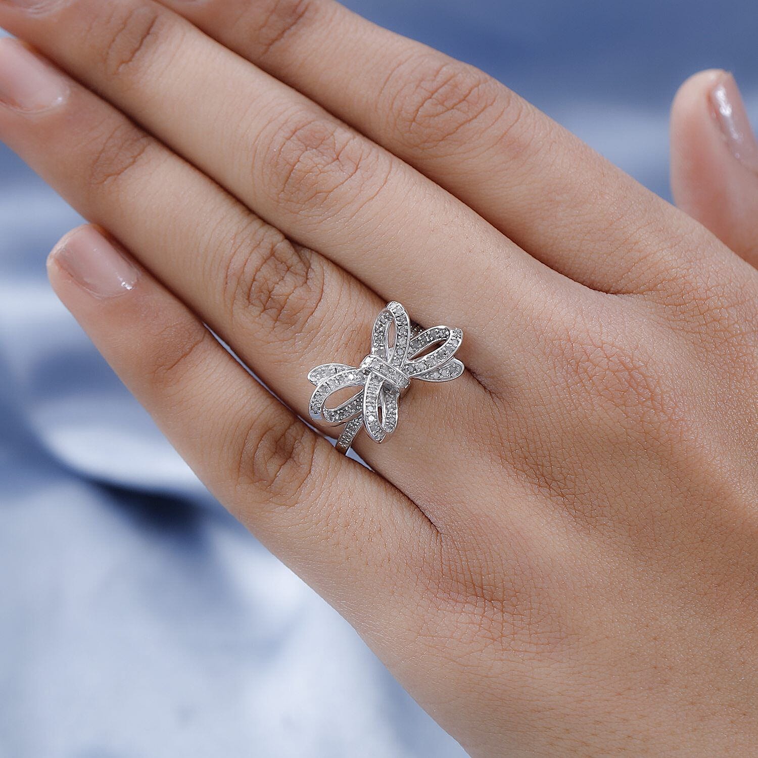 GP Ribbon Collection - Diamond Bow Ring in Platinum Overlay Sterling Silver 0.323 Ct