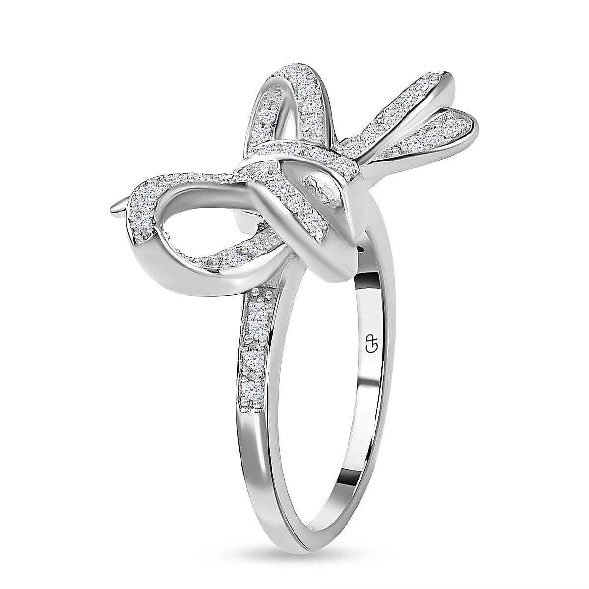 GP Ribbon Collection - Diamond Bow Ring in Platinum Overlay Sterling Silver 0.323 Ct