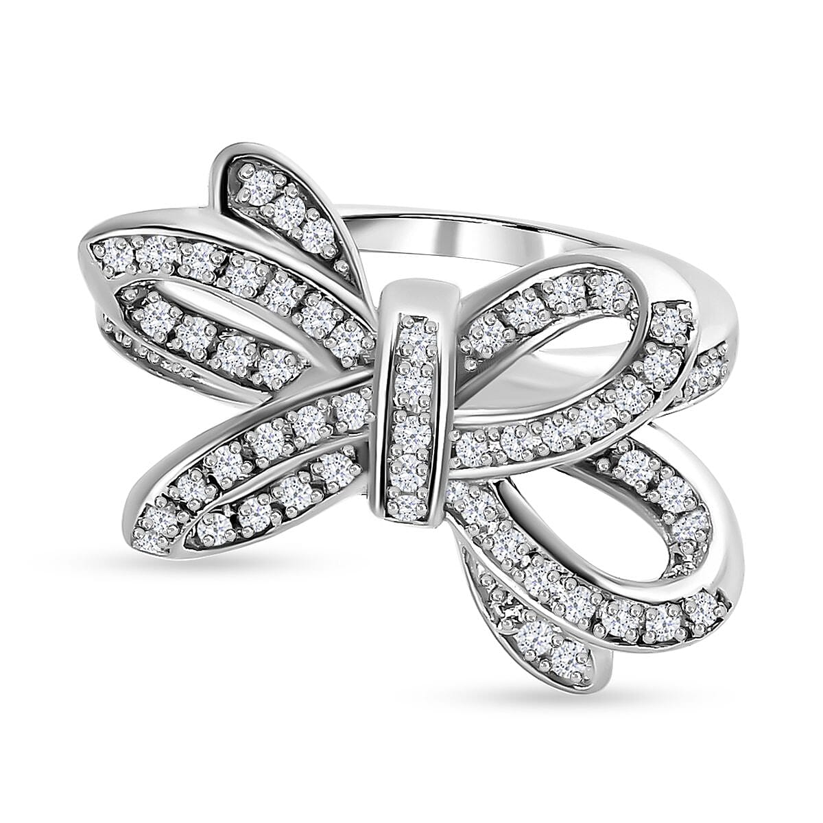 GP Ribbon Collection - Diamond Bow Ring in Platinum Overlay Sterling Silver 0.323 Ct