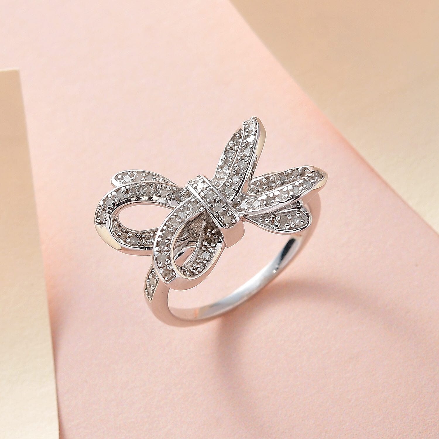 GP Ribbon Collection - Diamond Bow Ring in Platinum Overlay Sterling Silver 0.323 Ct