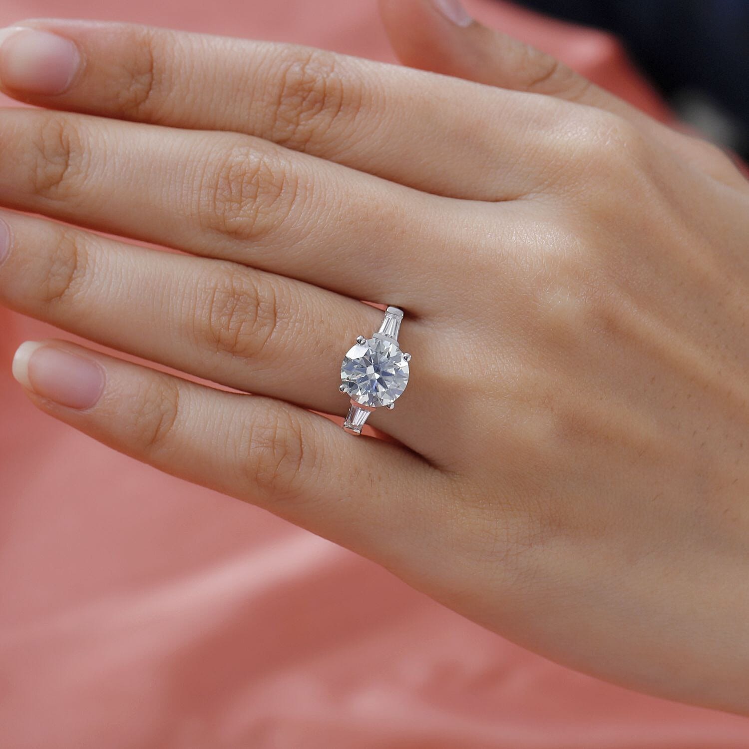 Moissanite Ring in Platinum Overlay Sterling Silver 3.43 Ct.