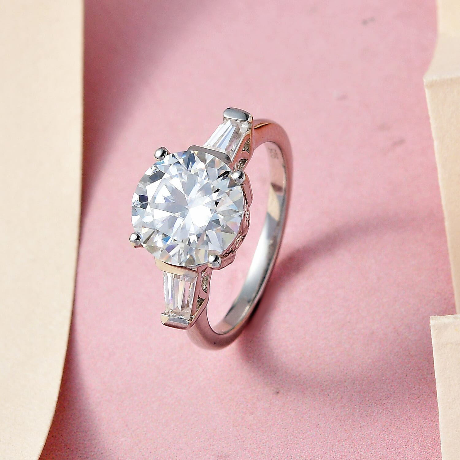 Moissanite Ring in Platinum Overlay Sterling Silver 3.43 Ct.