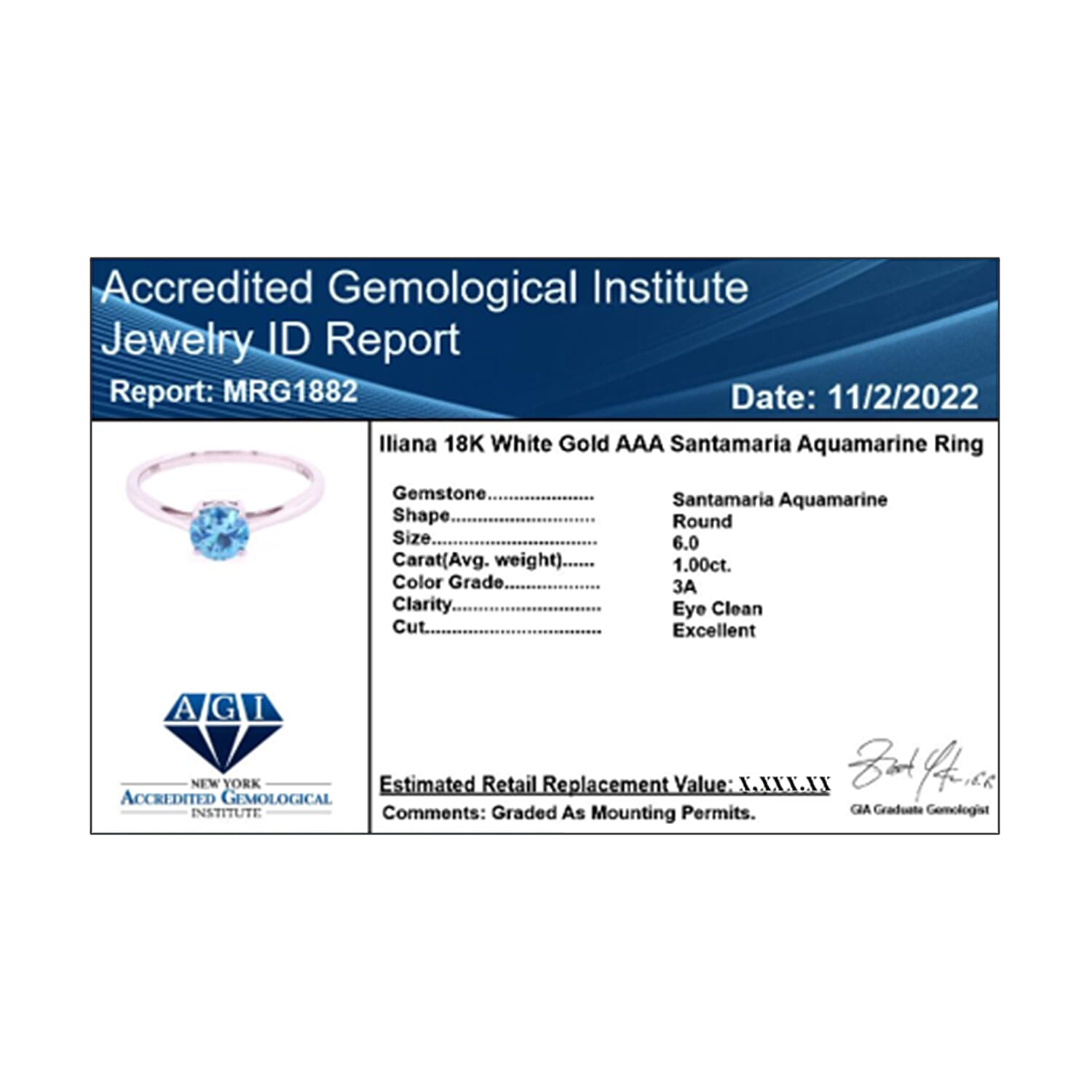 AGI Certified and Appraised ILIANA 18K White Gold AAA Santa Maria Aquamarine Solitaire Ring 1.00 Ct.