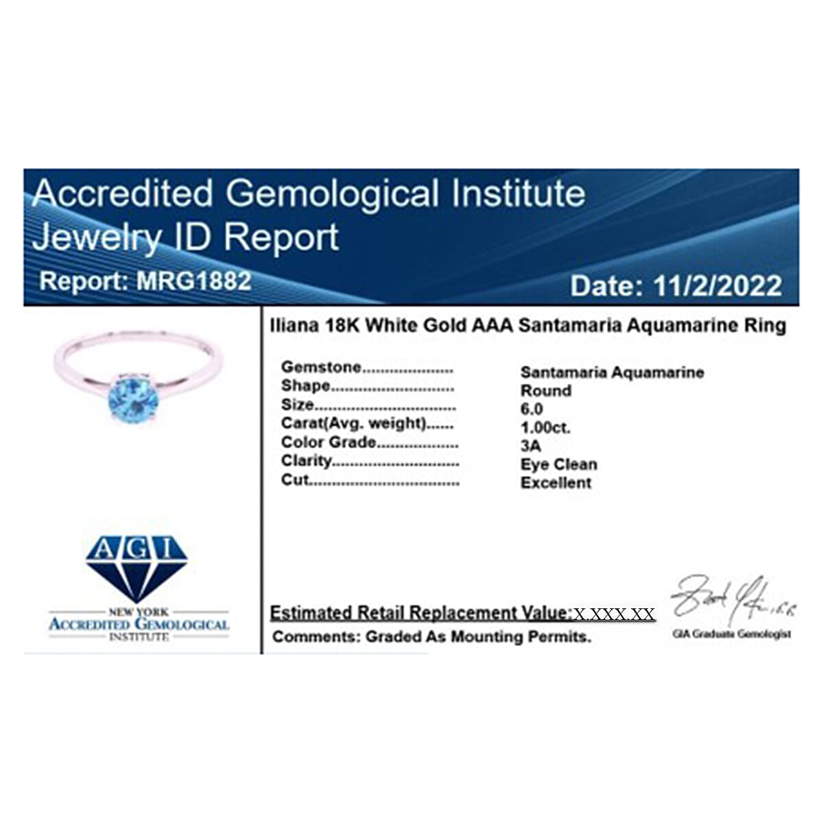 AGI Certified and Appraised ILIANA 18K White Gold AAA Santa Maria Aquamarine Solitaire Ring 1.00 Ct.