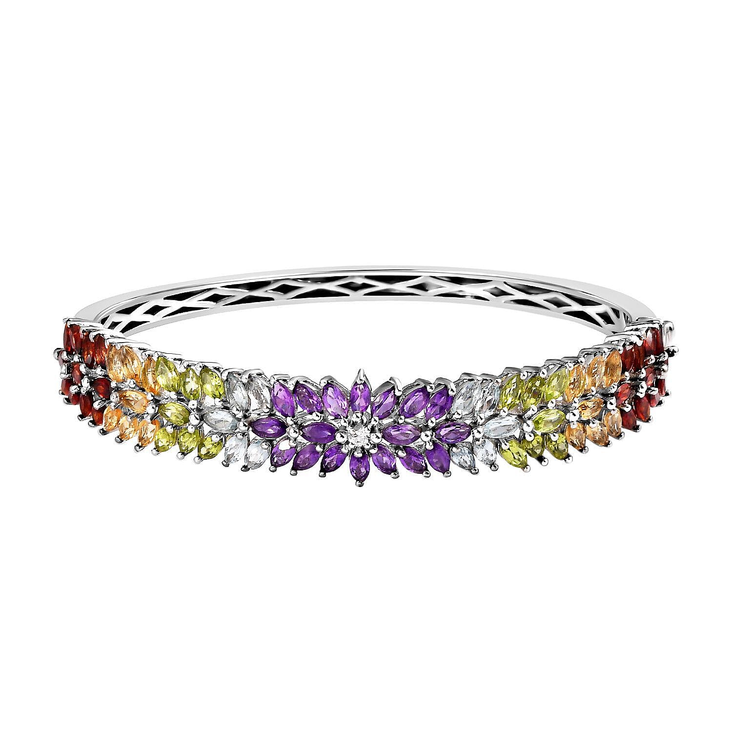 Amethyst and Multi Gemstone Bangle (Size 7.5) in Platinum Overlay Sterling Silver 11.78 Ct, Silver Wt. 23.00 Gms