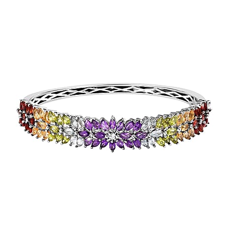 Amethyst and Multi Gemstone Bangle (Size 7.5) in Platinum Overlay Sterling Silver 11.78 Ct, Silver Wt. 23.00 Gms
