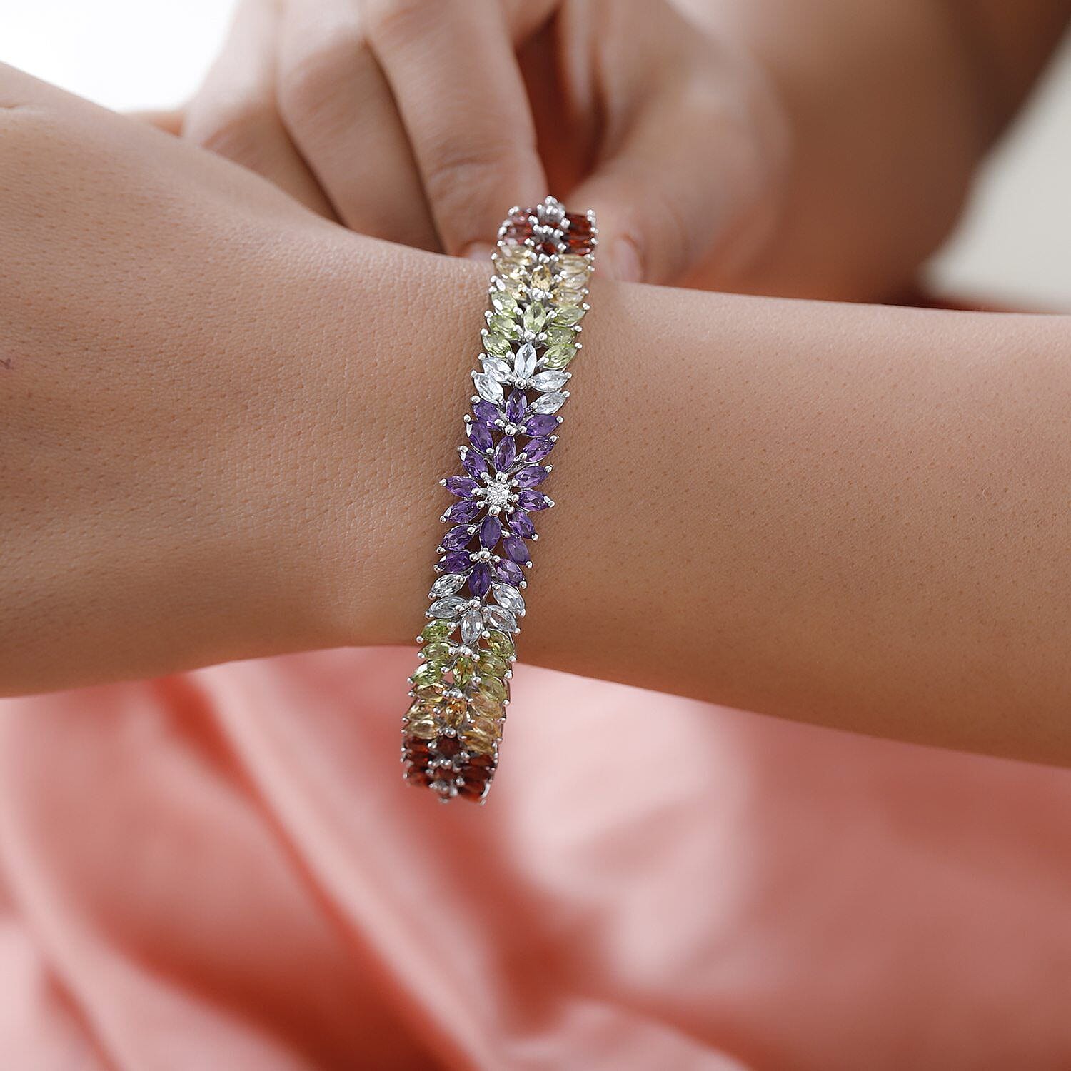 Amethyst and Multi Gemstone Bangle (Size 7.5) in Platinum Overlay Sterling Silver 11.78 Ct, Silver Wt. 23.00 Gms
