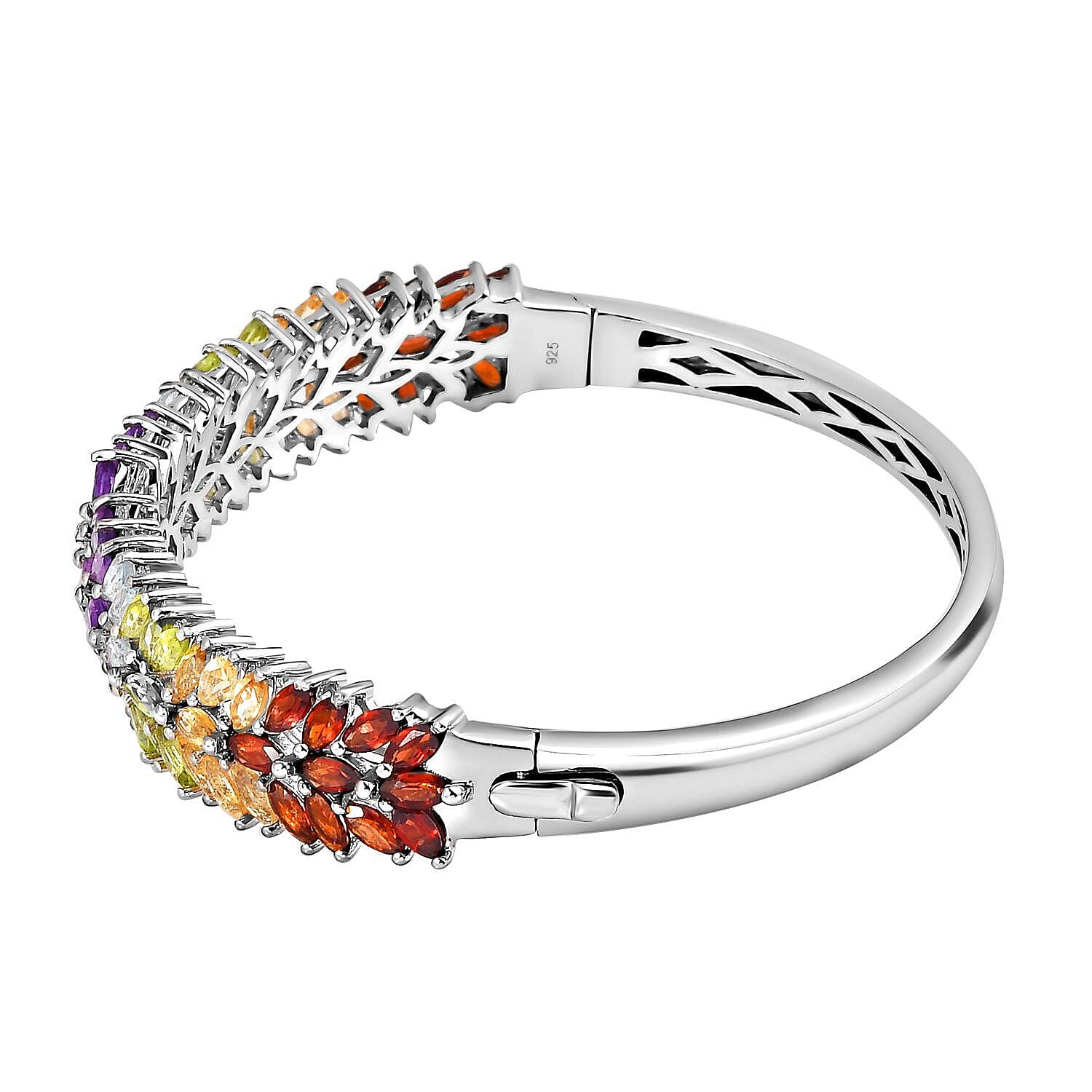 Amethyst and Multi Gemstone Bangle (Size 7.5) in Platinum Overlay Sterling Silver 11.78 Ct, Silver Wt. 23.00 Gms