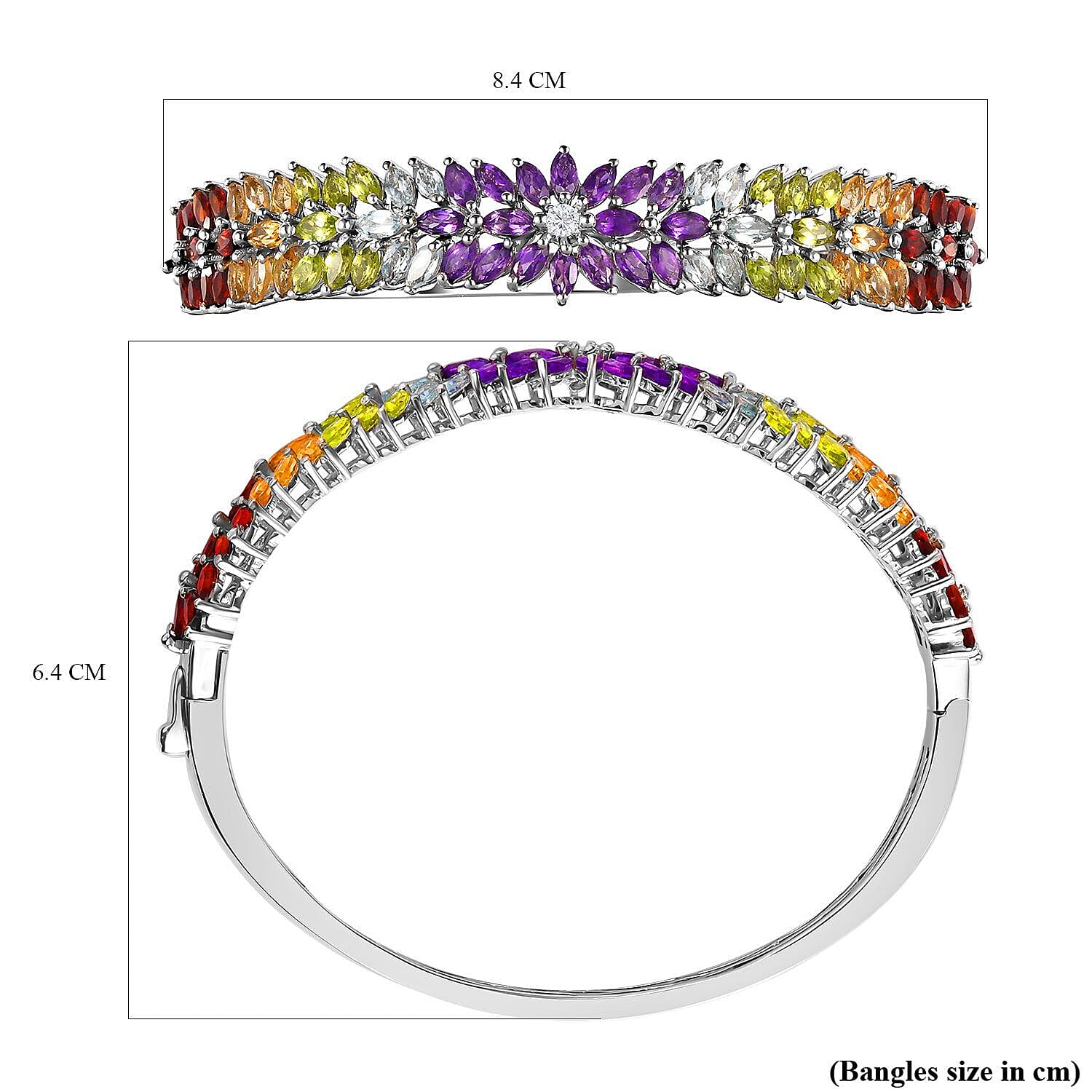 Amethyst and Multi Gemstone Bangle (Size 7.5) in Platinum Overlay Sterling Silver 11.78 Ct, Silver Wt. 23.00 Gms