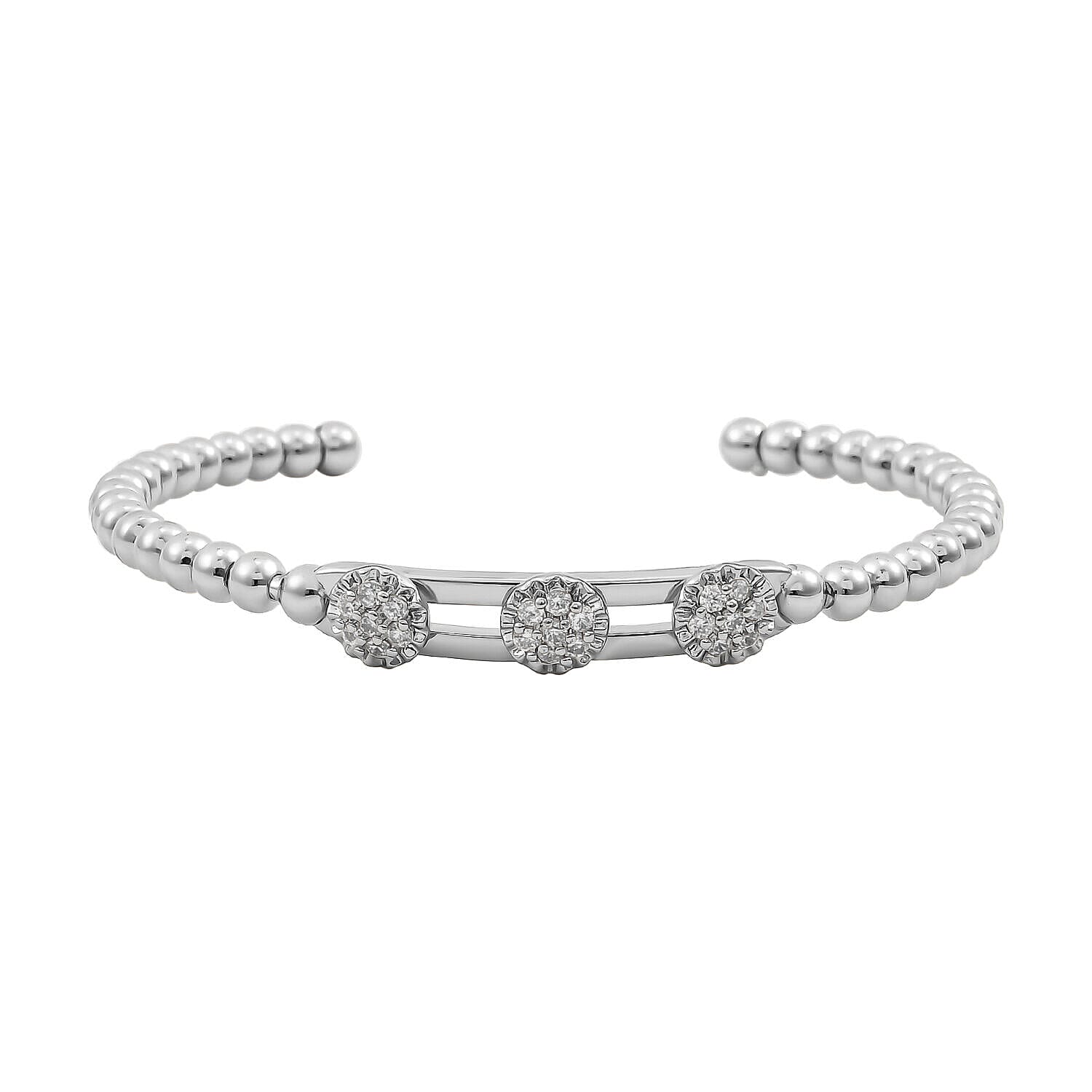 Simulated Diamond 3 Moveable Flower Bangle (Size 6.75 Inch) in Silver Tone