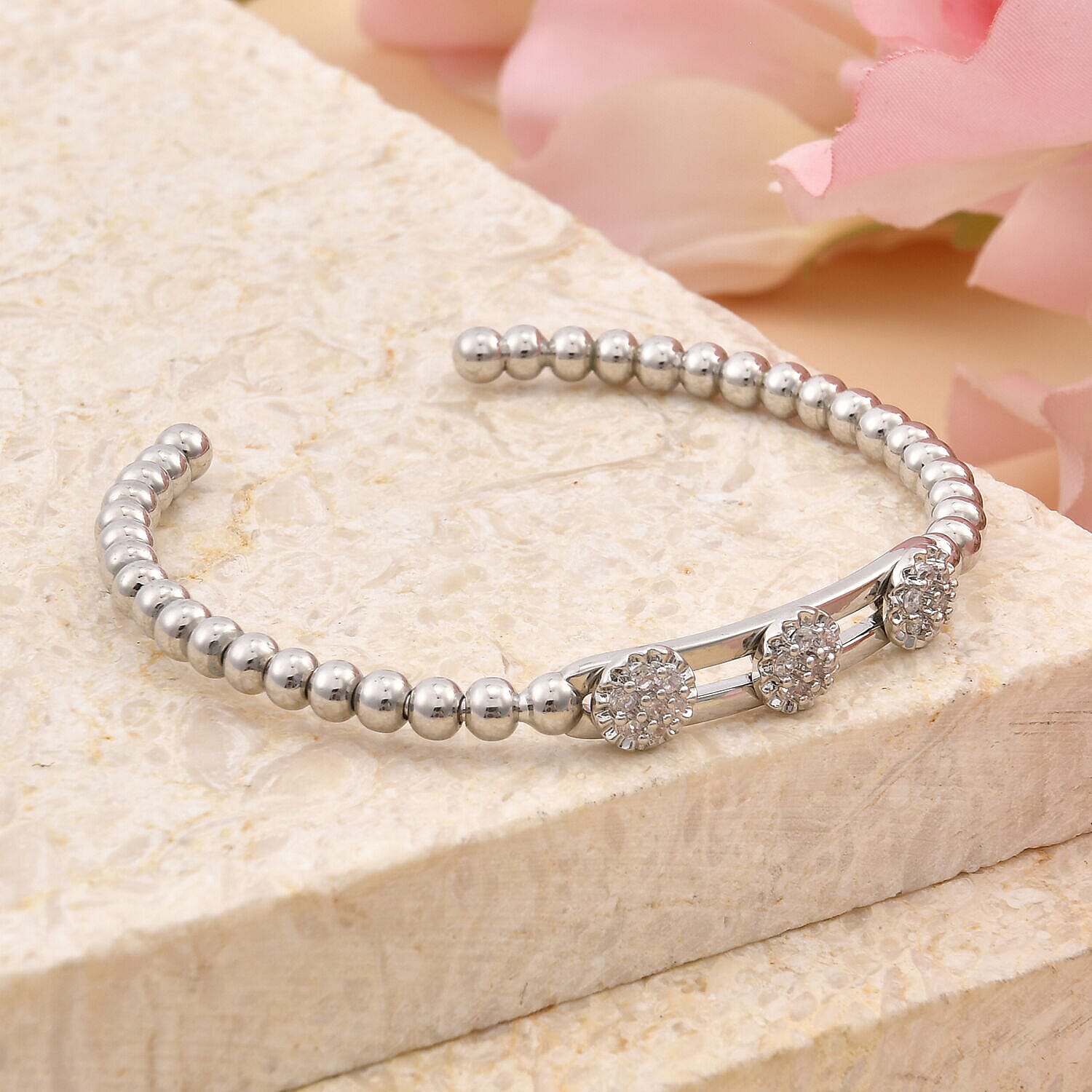 Simulated Diamond 3 Moveable Flower Bangle (Size 6.75 Inch) in Silver Tone