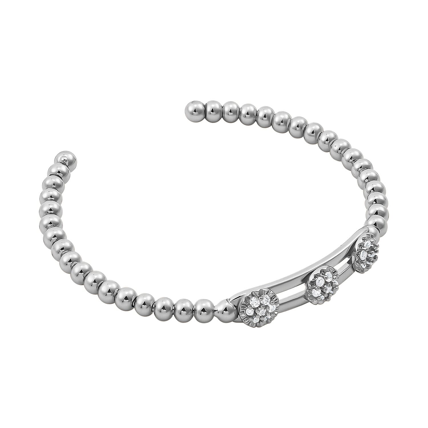 Simulated Diamond 3 Moveable Flower Bangle (Size 6.75 Inch) in Silver Tone