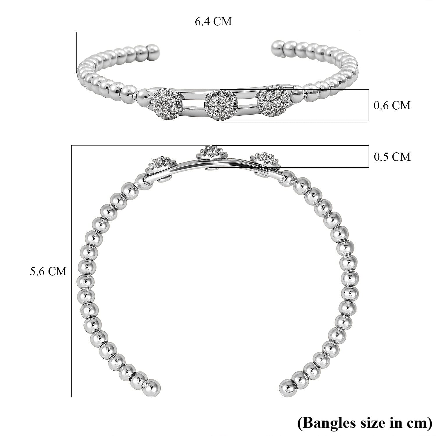 Simulated Diamond 3 Moveable Flower Bangle (Size 6.75 Inch) in Silver Tone