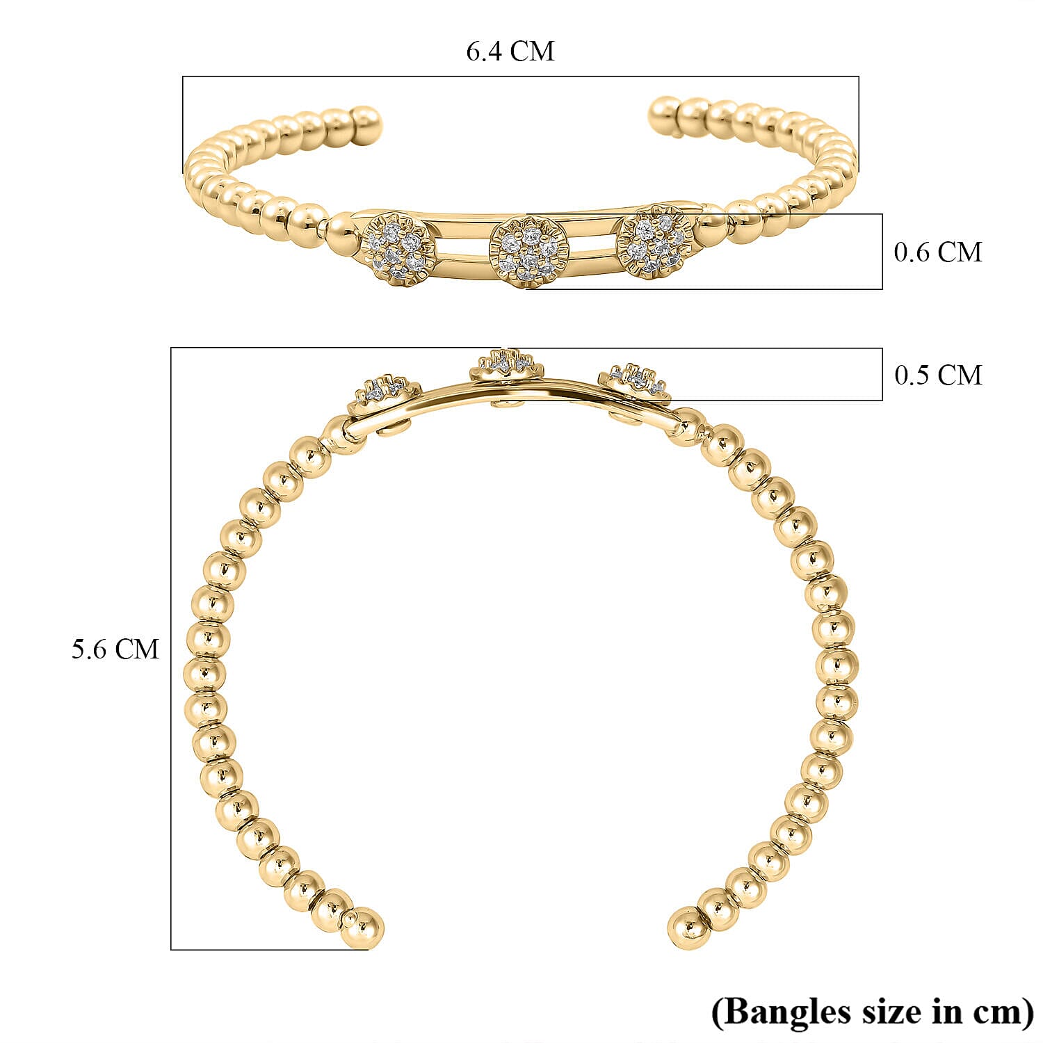 Milan Close Out - Simulated Diamond 3 Moveable Flower Bangle (Size 6.75 Inch)  in Yellow Gold Tone