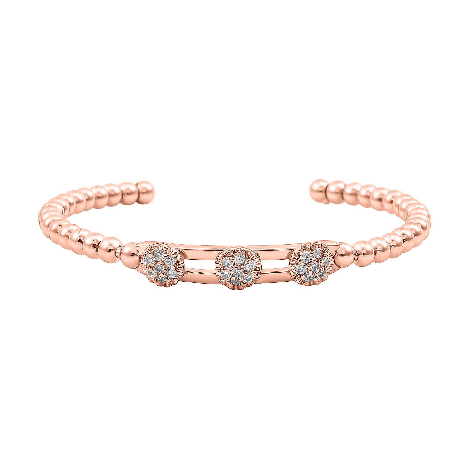Milan Close Out - Simulated Diamond 3 Moveable Flower Bangle (Size 6.75 Inch)  in Rose Gold Tone