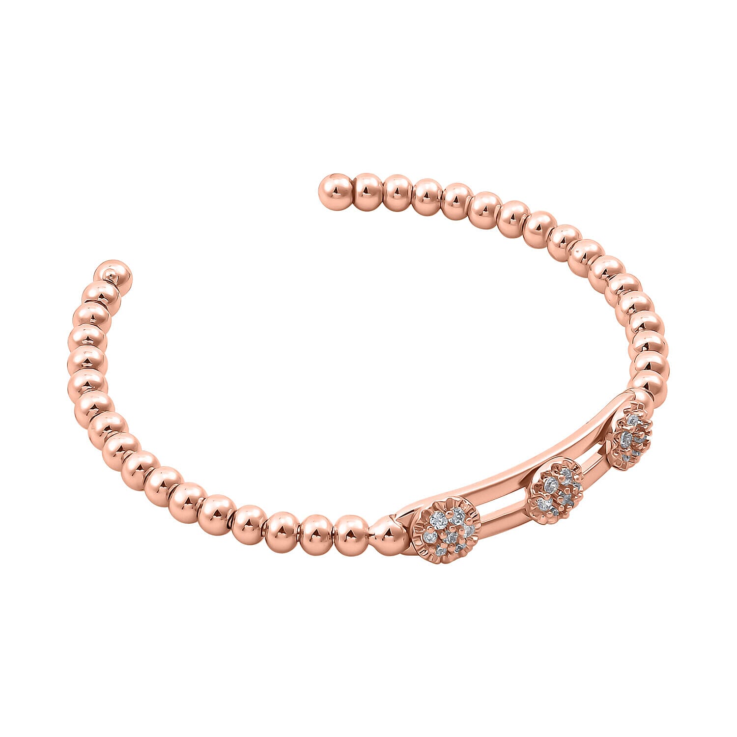 Milan Close Out - Simulated Diamond 3 Moveable Flower Bangle (Size 6.75 Inch)  in Rose Gold Tone