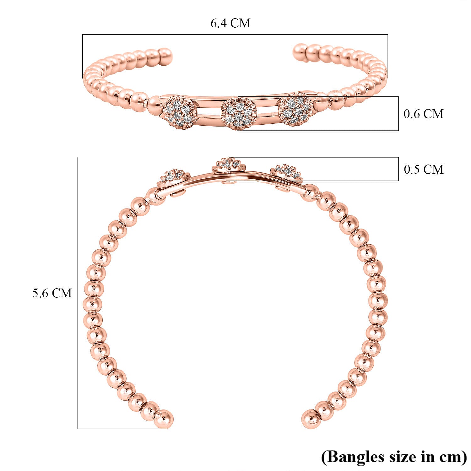 Milan Close Out - Simulated Diamond 3 Moveable Flower Bangle (Size 6.75 Inch)  in Rose Gold Tone