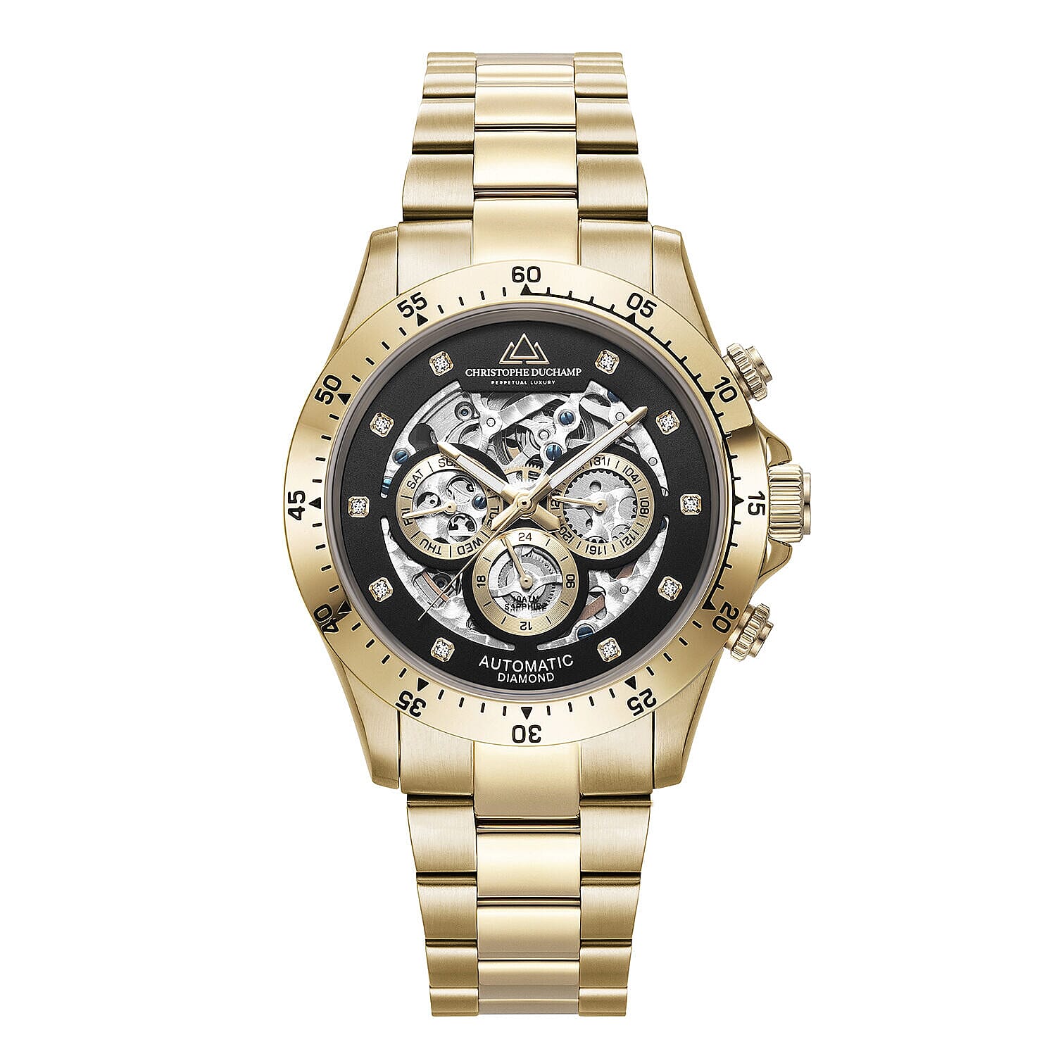 500 EVER MADE- Christophe Duchamp Hand Assembled Swiss Designed Automatic Skeleton Diamond Grand Mont Watch with Gold Colour Strap