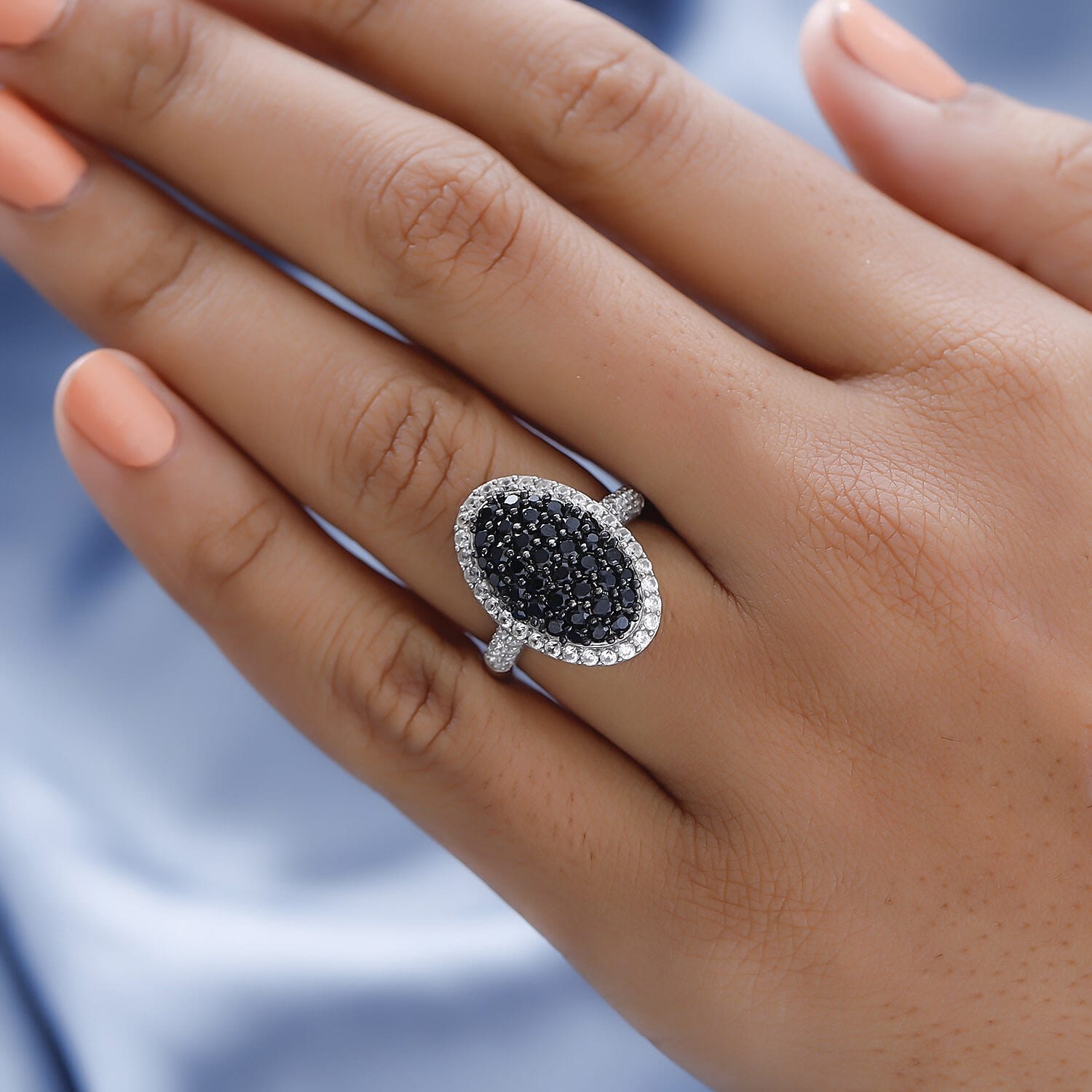 Natural Boi Ploi Black Spinel and Natural Zircon Ring in Platinum Overlay Sterling Silver 2.44 Ct.