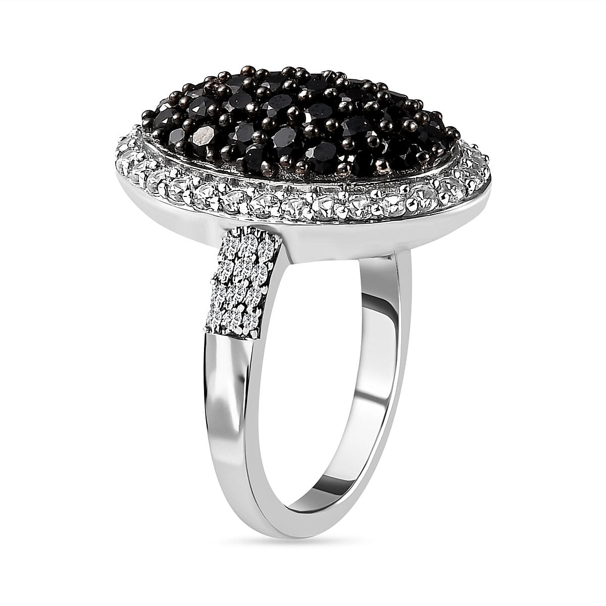Natural Boi Ploi Black Spinel and Natural Zircon Ring in Platinum Overlay Sterling Silver 2.44 Ct.