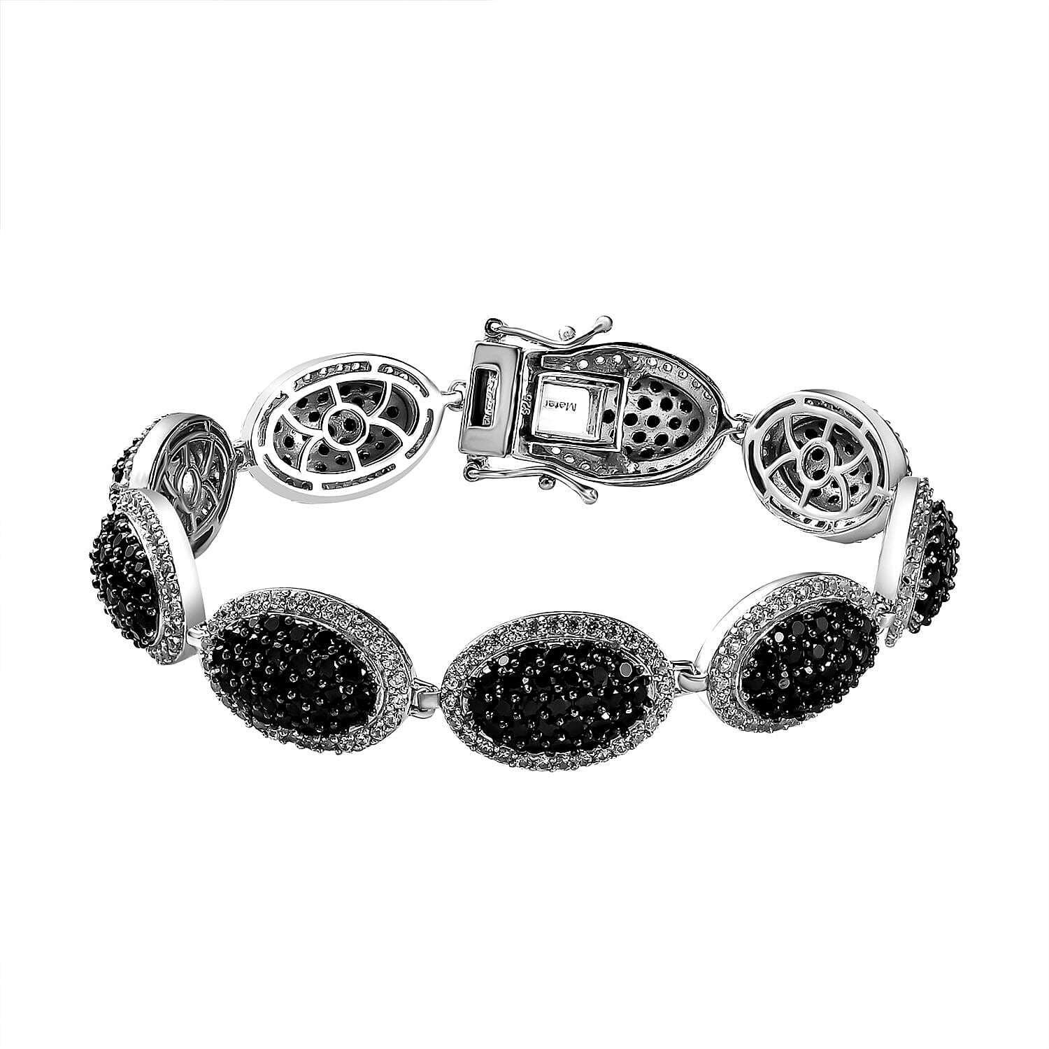 Natural Boi Ploi Black Spinel and Natural Zircon Bracelet (Size - 7.5) in Platinum Overlay Sterling Silver 17.37 Ct, Silver Wt. 24.40 Gms