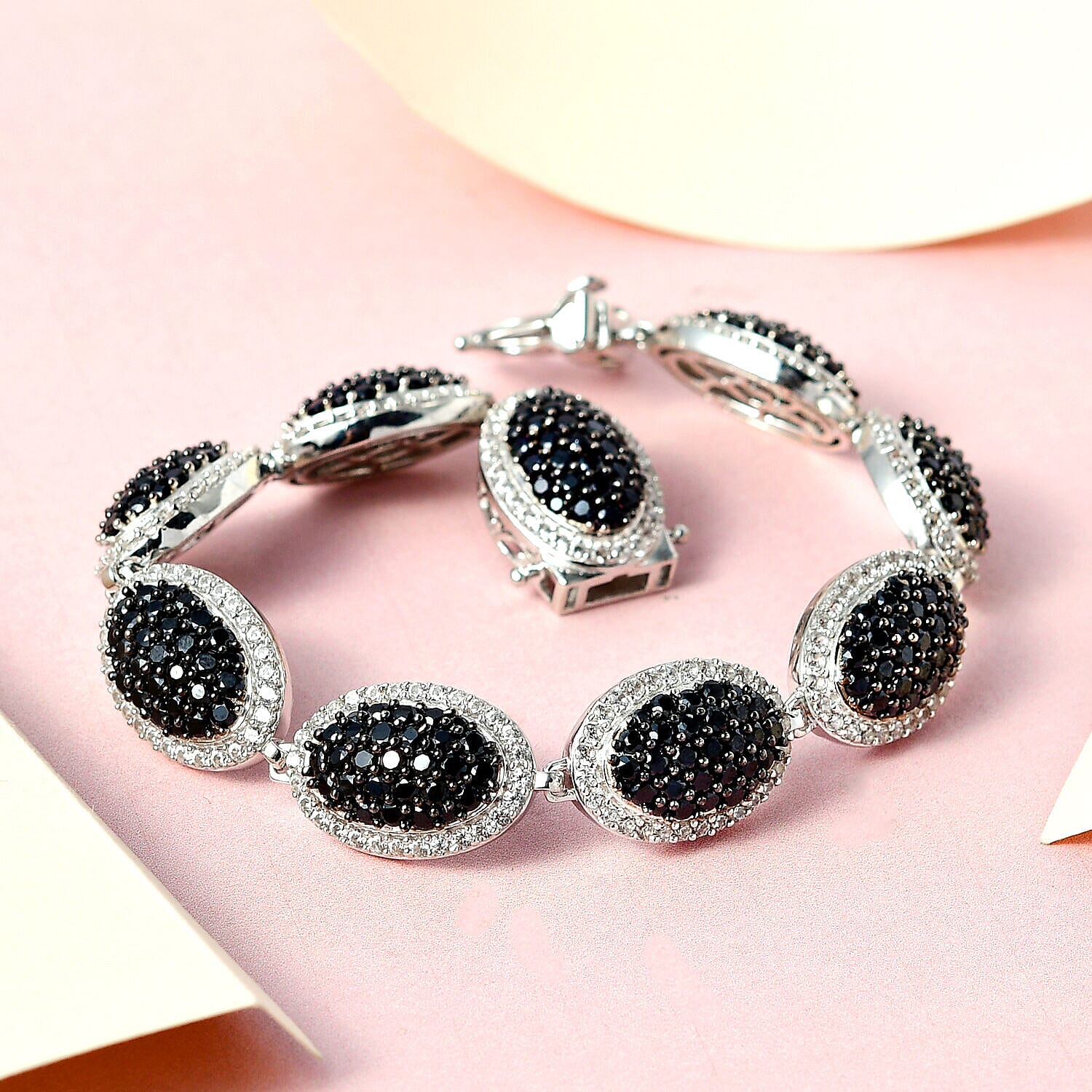 Natural Boi Ploi Black Spinel and Natural Zircon Bracelet (Size - 7.5) in Platinum Overlay Sterling Silver 17.37 Ct, Silver Wt. 24.40 Gms