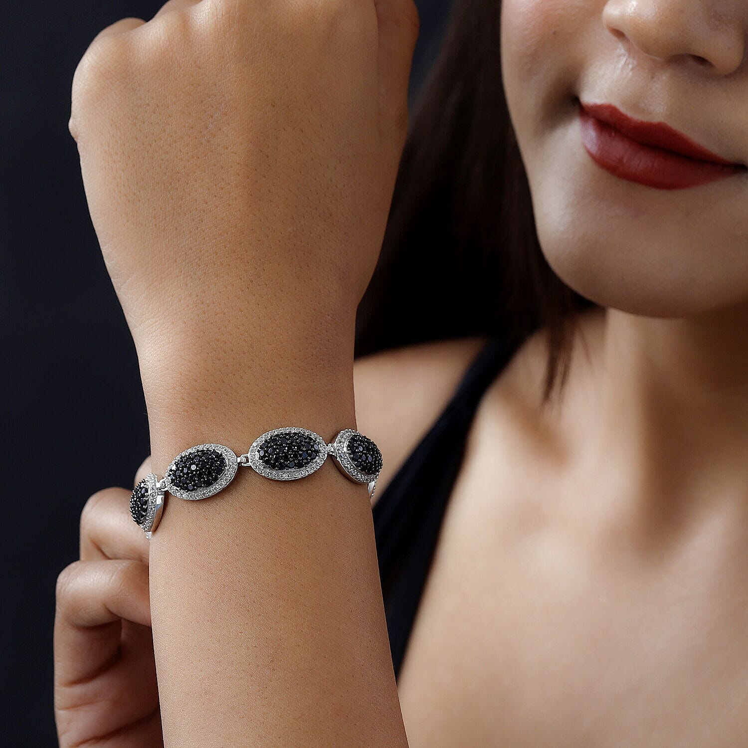 Natural Boi Ploi Black Spinel and Natural Zircon Bracelet (Size - 7.5) in Platinum Overlay Sterling Silver 17.37 Ct, Silver Wt. 24.40 Gms