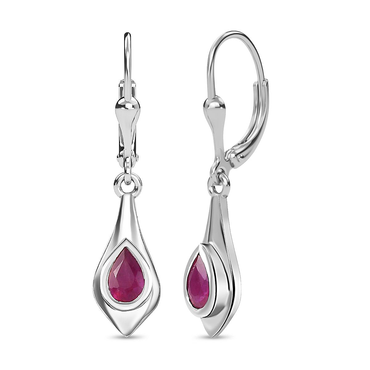 Fissure Filled Ruby  Solitaire Lever Back Earring in Platinum Overlay Sterling Silver 1.21 ct  1.100  Ct.