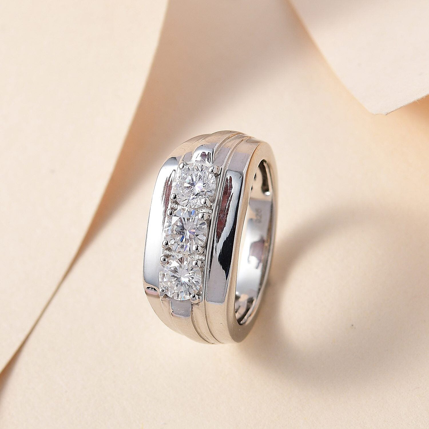 Moissanite Mens Ring in Platinum Overlay Sterling Silver, Silver Wt. 5.52 Gms