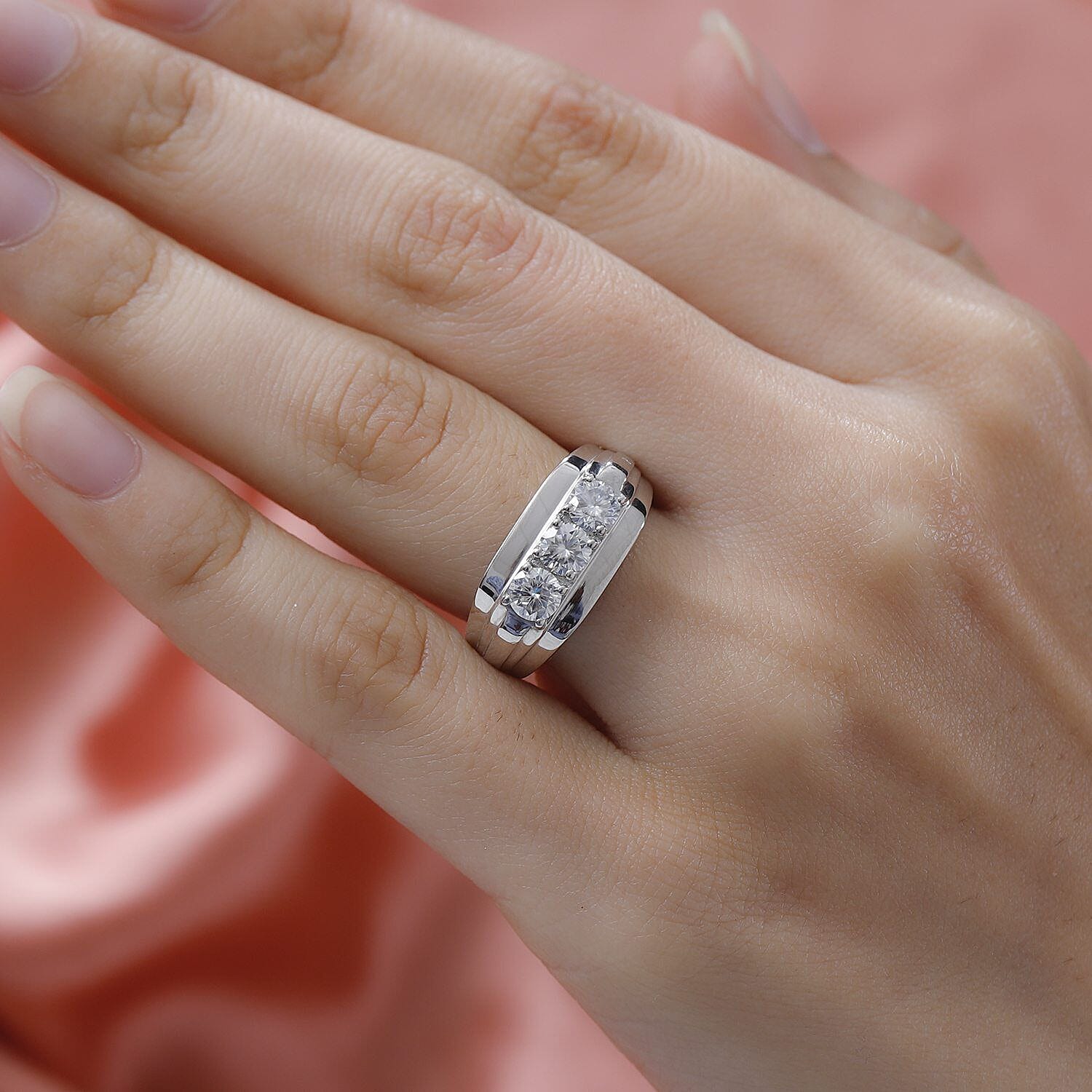 Moissanite Mens Ring in Platinum Overlay Sterling Silver, Silver Wt. 5.52 Gms