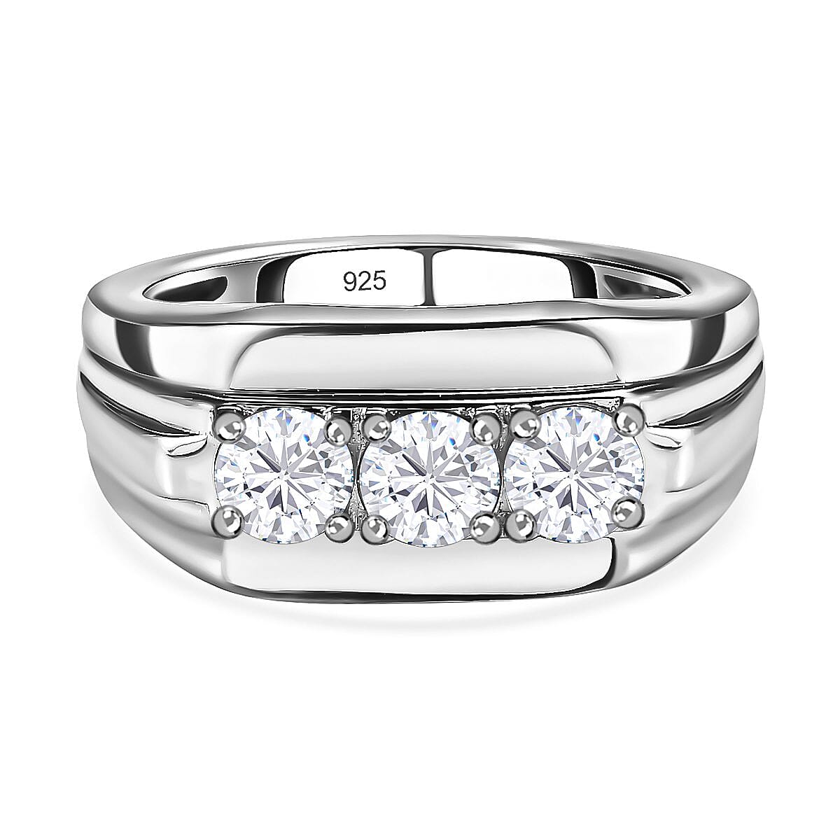 Moissanite Mens Ring in Platinum Overlay Sterling Silver, Silver Wt. 5.52 Gms