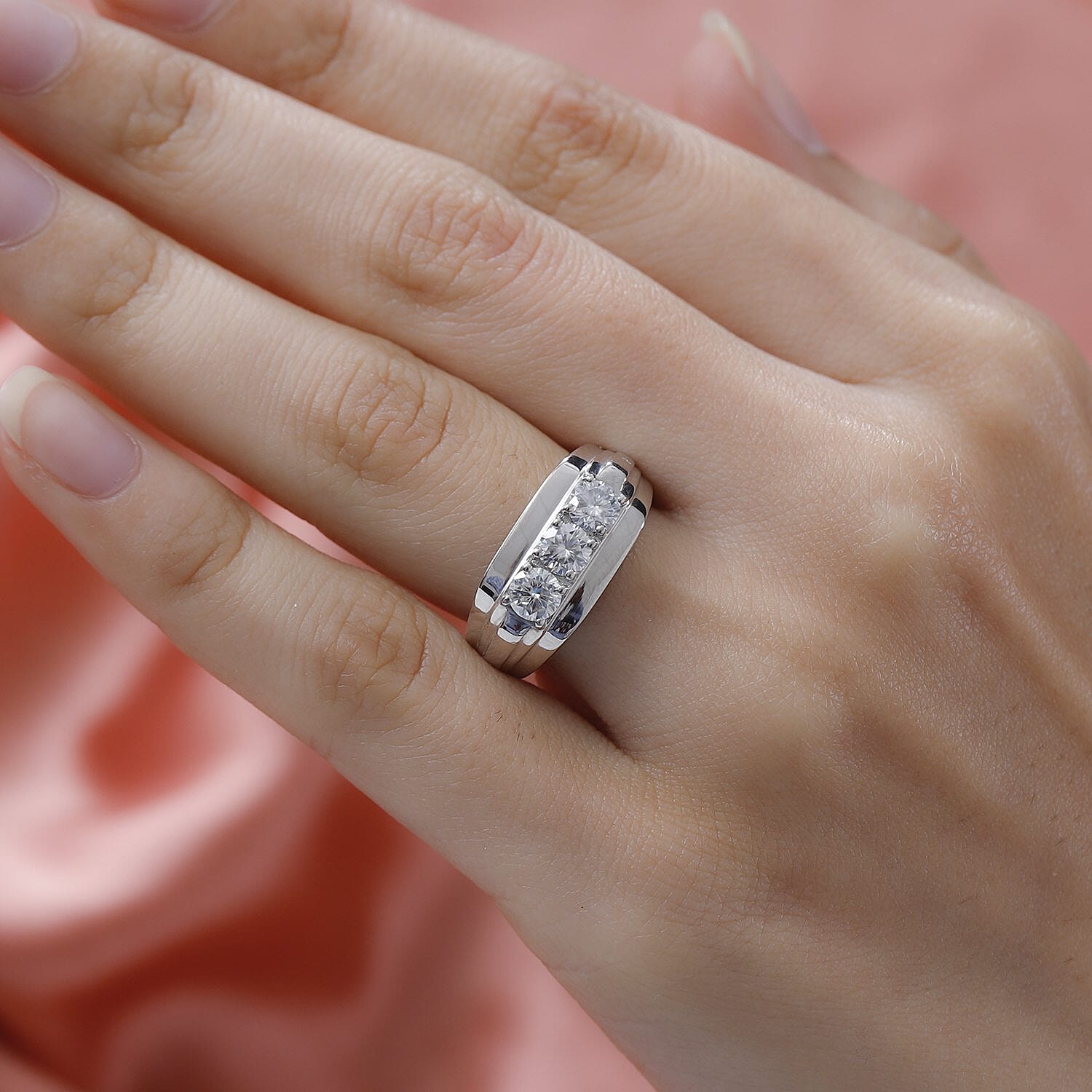 Moissanite Mens Ring in Platinum Overlay Sterling Silver, Silver Wt. 5.52 Gms