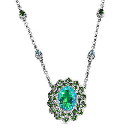 GP Italian Garden Collection - Peacock Triplet Quartz and Multi Gemstone Cluster Necklace (Size - 20) in Platinum Overlay Sterling Silver 13.73 Ct