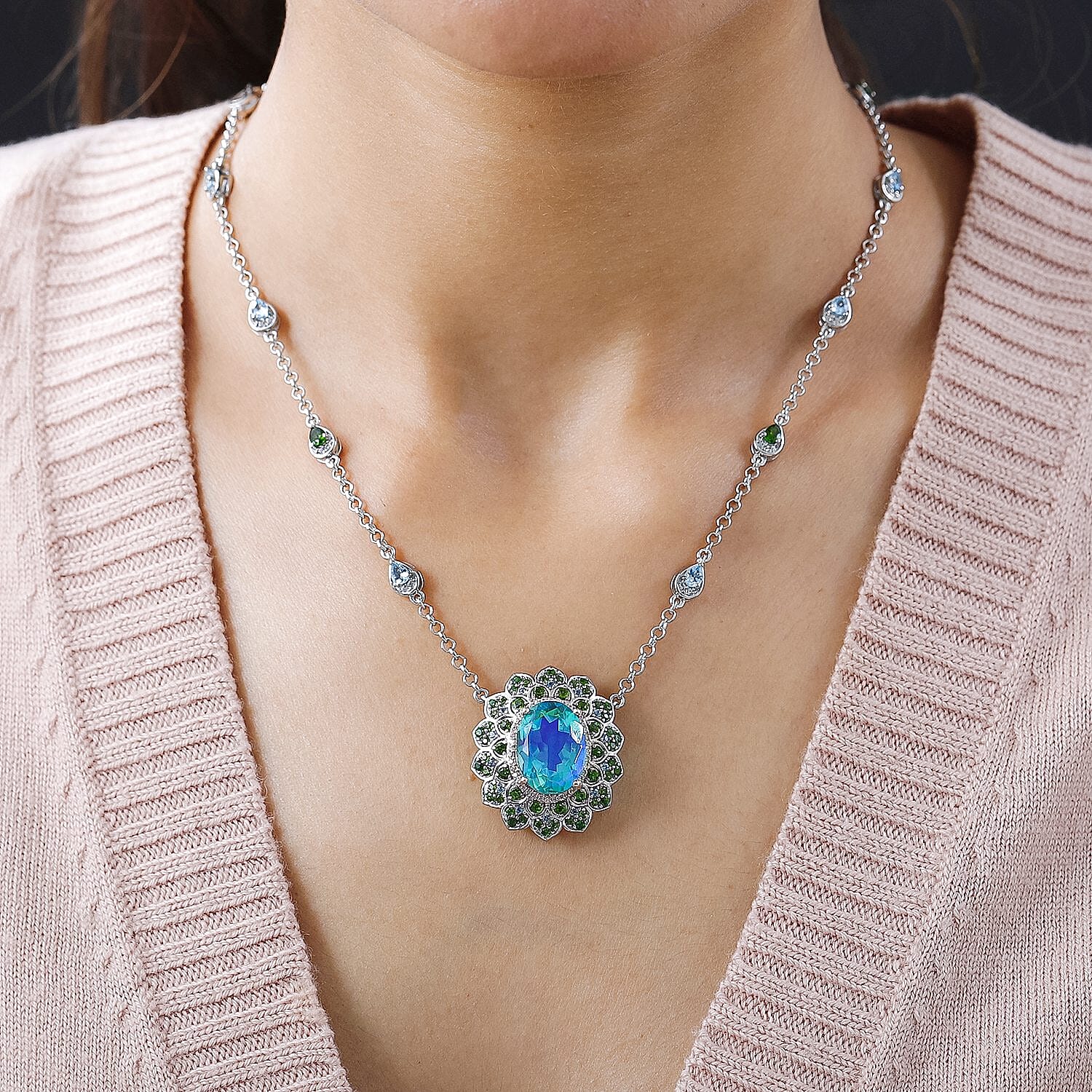 GP Italian Garden Collection - Peacock Triplet Quartz and Multi Gemstone Cluster Necklace (Size - 20) in Platinum Overlay Sterling Silver 13.73 Ct