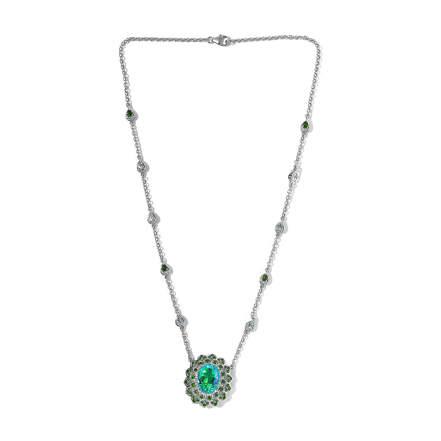 GP Italian Garden Collection - Peacock Triplet Quartz and Multi Gemstone Cluster Necklace (Size - 20) in Platinum Overlay Sterling Silver 13.73 Ct