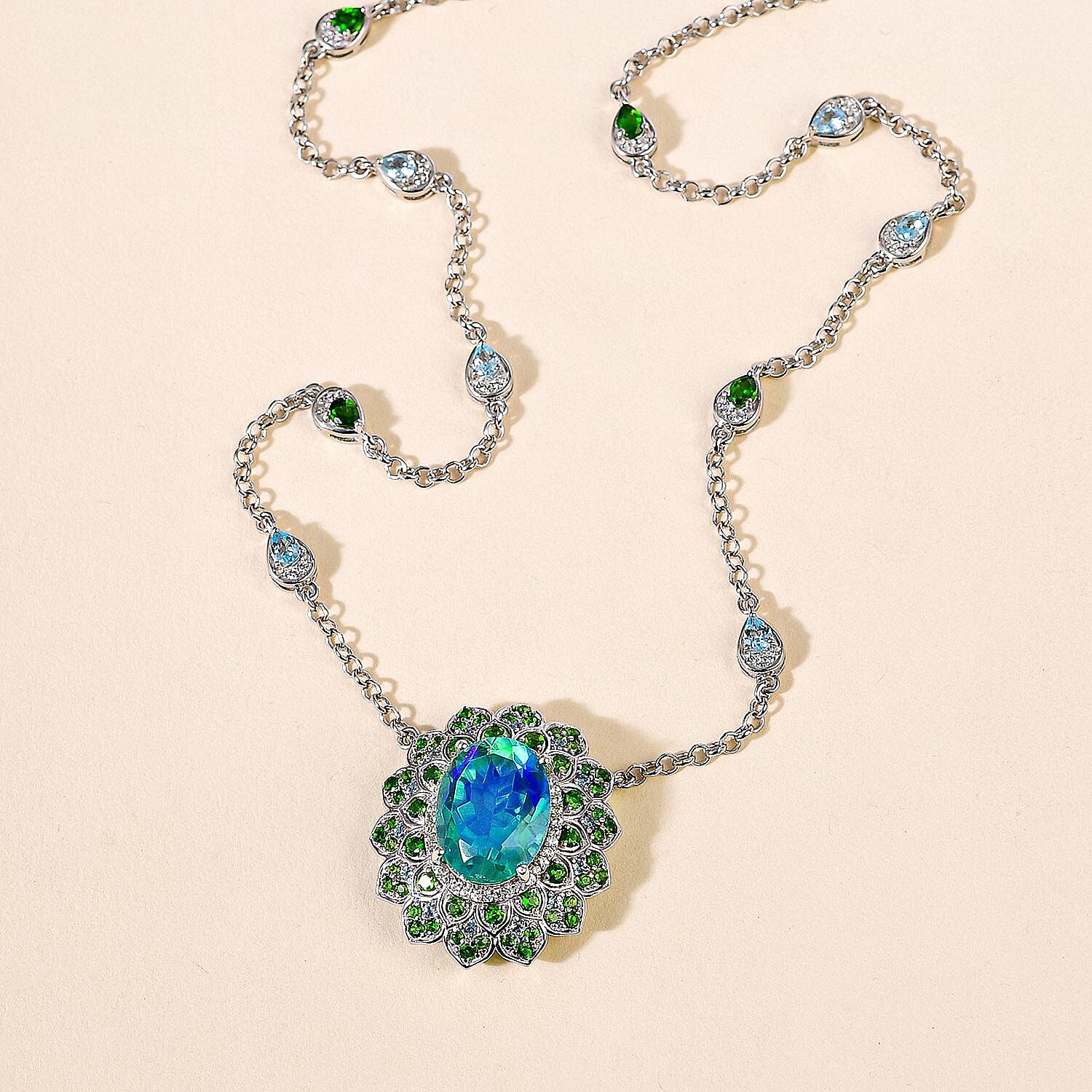 GP Italian Garden Collection - Peacock Triplet Quartz and Multi Gemstone Cluster Necklace (Size - 20) in Platinum Overlay Sterling Silver 13.73 Ct