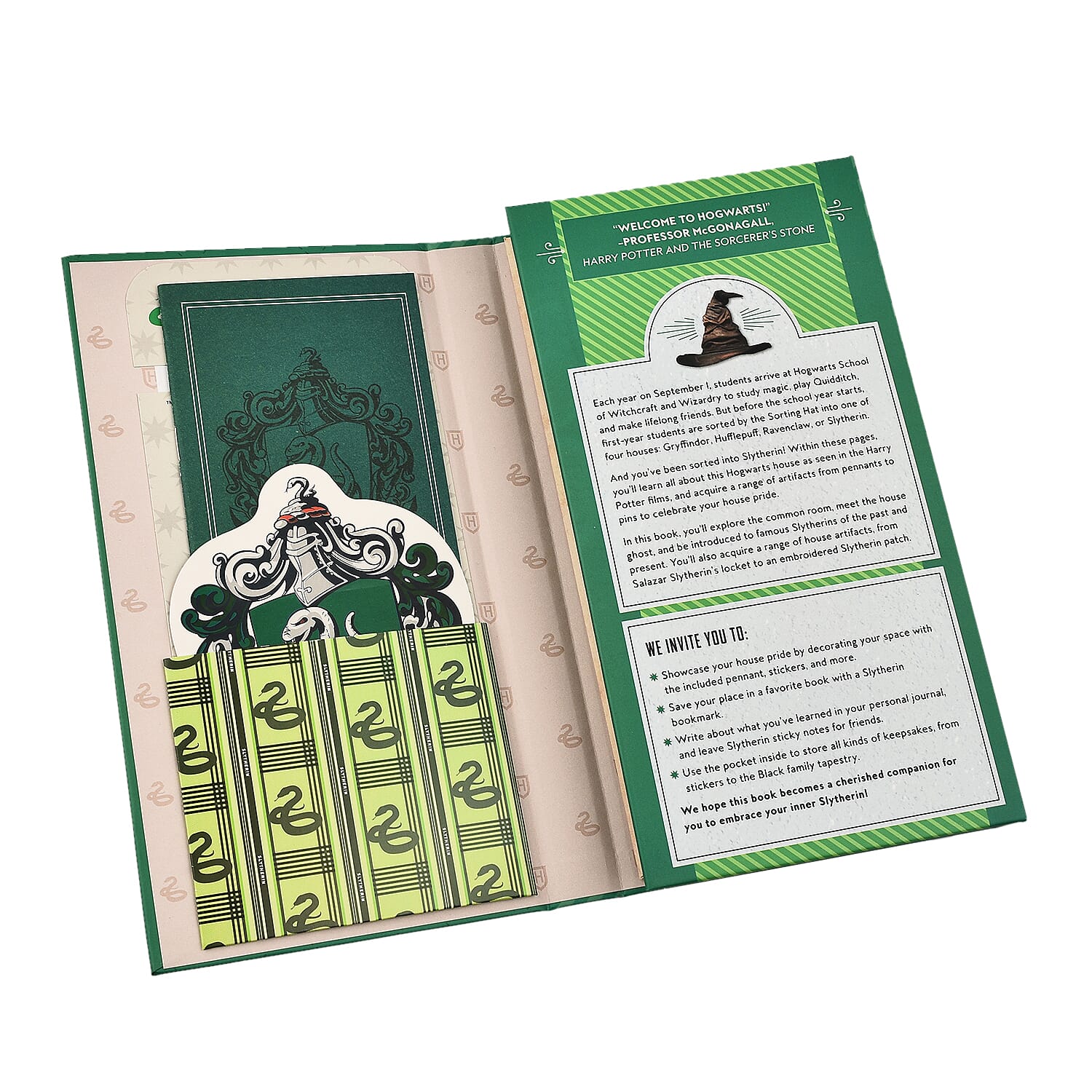 Harry Potter Book with Badge, Flag, Journals, Pencil & Artifacts from Wizarding World- Slytherin Magic