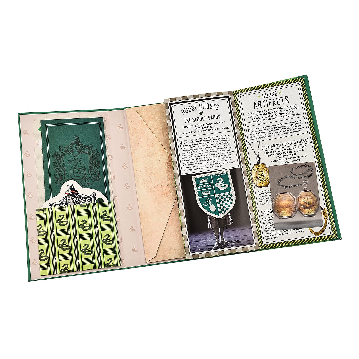 Harry Potter Book with Badge, Flag, Journals, Pencil & Artifacts from Wizarding World- Slytherin Magic