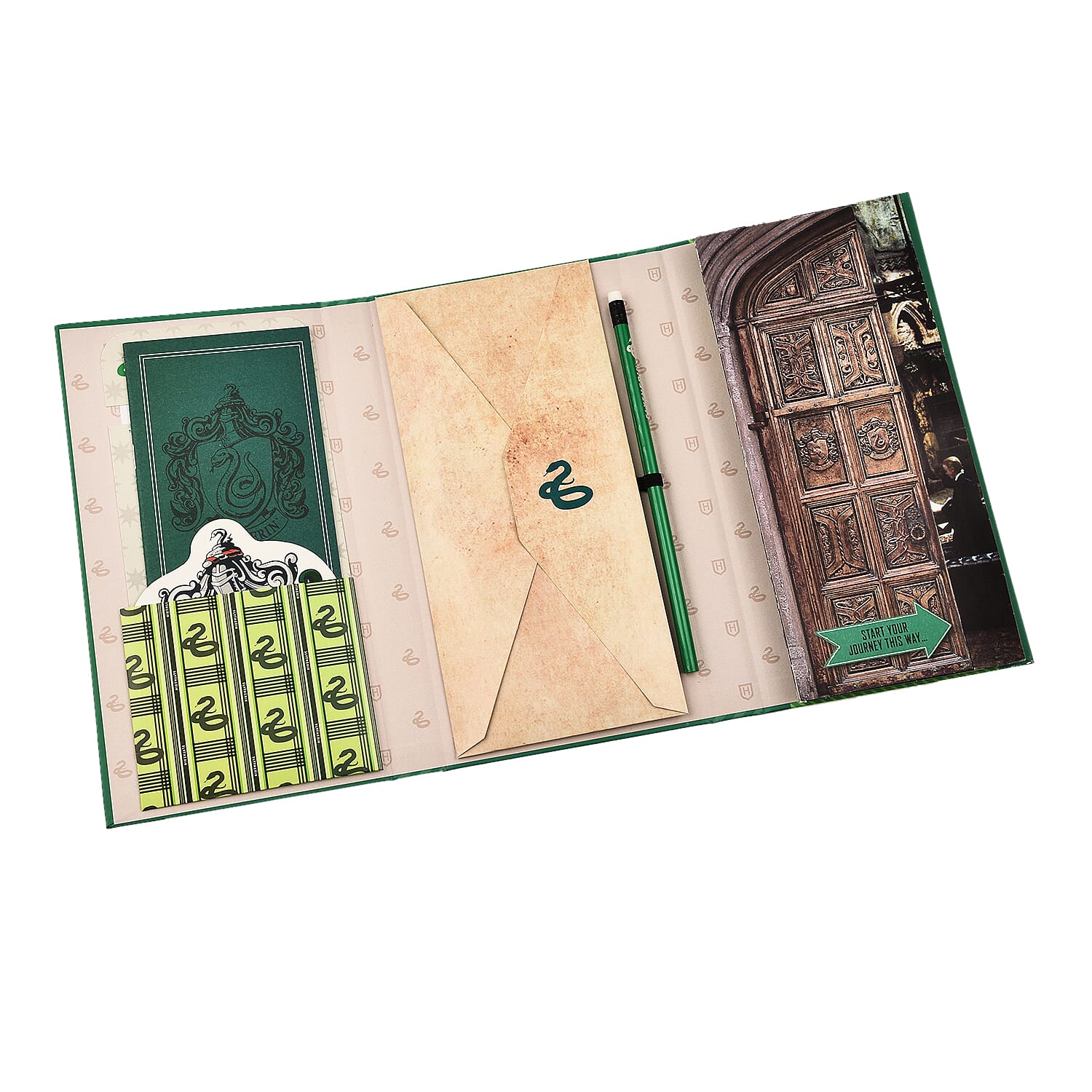 Harry Potter Book with Badge, Flag, Journals, Pencil & Artifacts from Wizarding World- Slytherin Magic