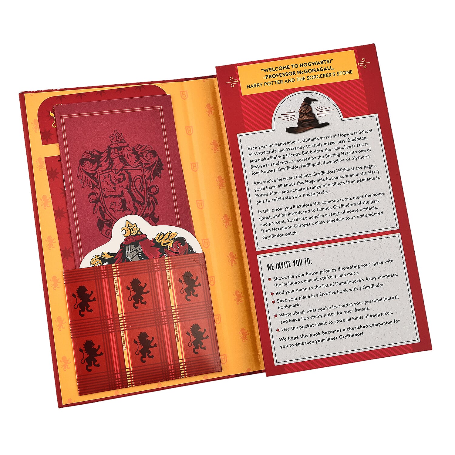 Harry Potter Book with Badge, Flag, Journals, Pencil & Artifacts from Wizarding World - Gryffindor Magic